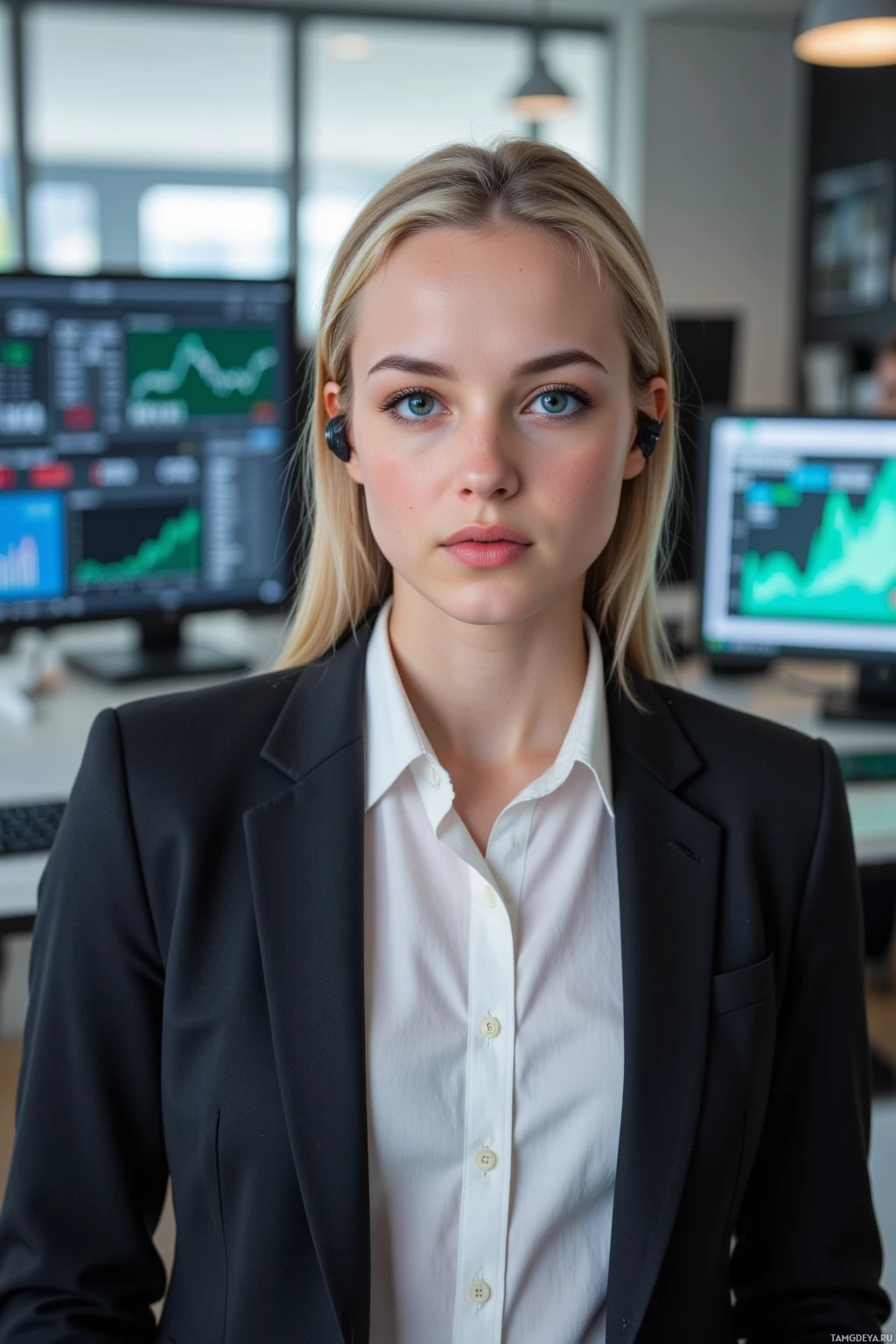 Realistic high quality photo. A 30‑year‑old woman with slicked‑back blonde hair, blue eyes, porcelain skin, wearing a black business suit, crisp white blouse, high heels, and a futuristic Bluetooth headset, stands in a modern office at midday, multitasking on three computer screens showing a live data stream, a pitch deck, and a blinking client portal clock, her expression sharp and focused.