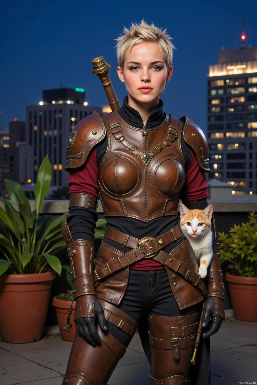 Realistic high quality photo. A fierce 24‑year‑old woman with short spiky blonde hair, striking blue eyes, wearing weathered leather armor with brass accents and a massive hammer slung over her shoulder, stands on a quiet rooftop garden at night surrounded by lush potted plants and glimmering city lights, a tiny stray kitten curled beside her as she smiles warmly, embodying protective resolve.