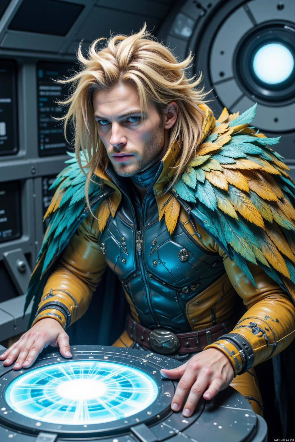 Realistic high quality photo. Male humanoid with messy blonde hair, iridescent gold and teal plumage feathers, sharp blue eyes, angular face, high cheekbones, wearing a sleek feathered tech suit with a utility belt, seated at a glowing holographic console in a ship’s observation bay, hull light reflecting off the surface, swirling data streams above, focused and precise.