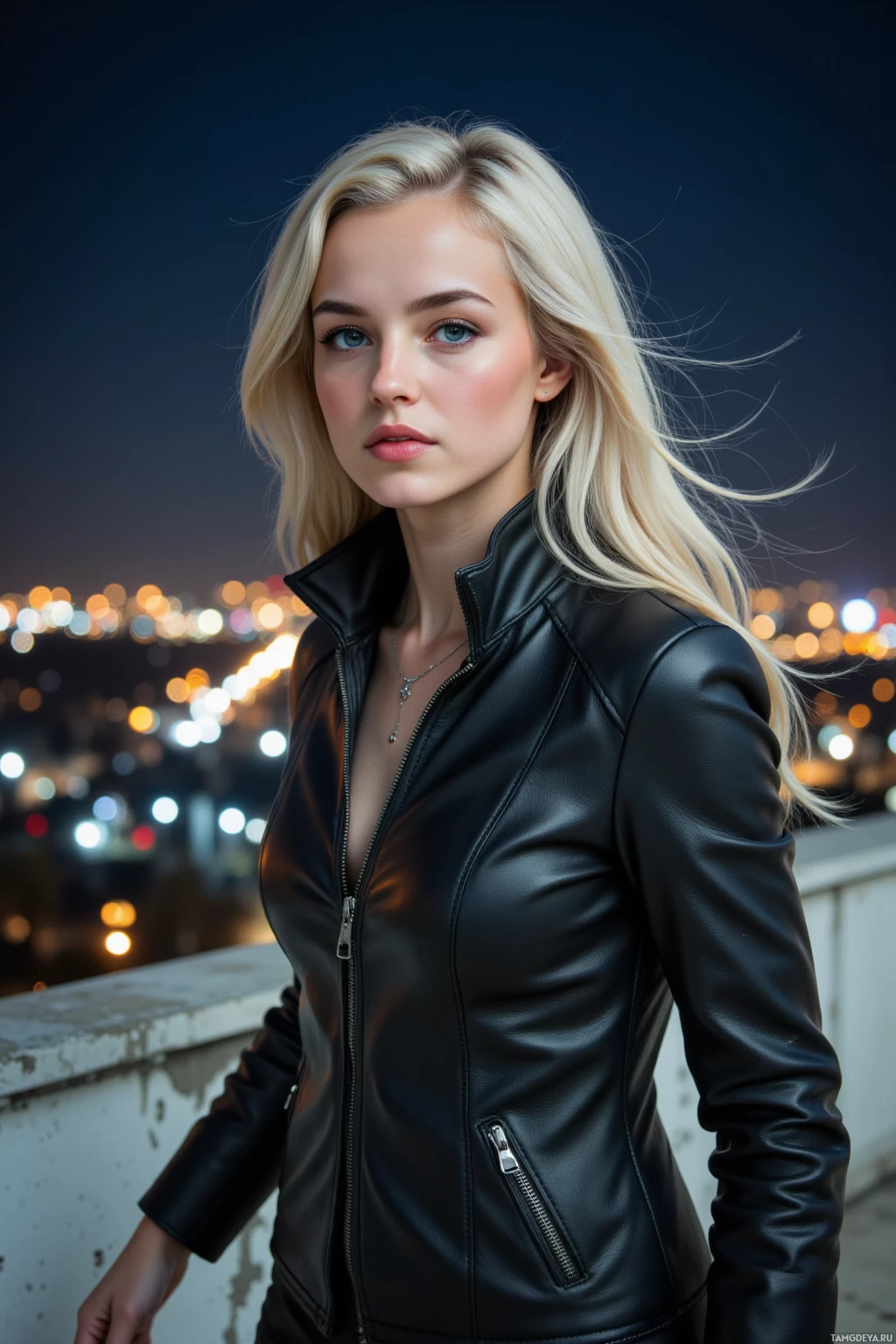 Realistic high quality photo. Woman, 28, wild platinum blonde hair, piercing blue eyes, fair skin, sharp jawline, wearing a fitted leather jacket, silver jewelry, bold icy makeup, skating down an abandoned rooftop at night with wind rushing, leaving a trail of sparks, city lights below, confident magnetic stance.