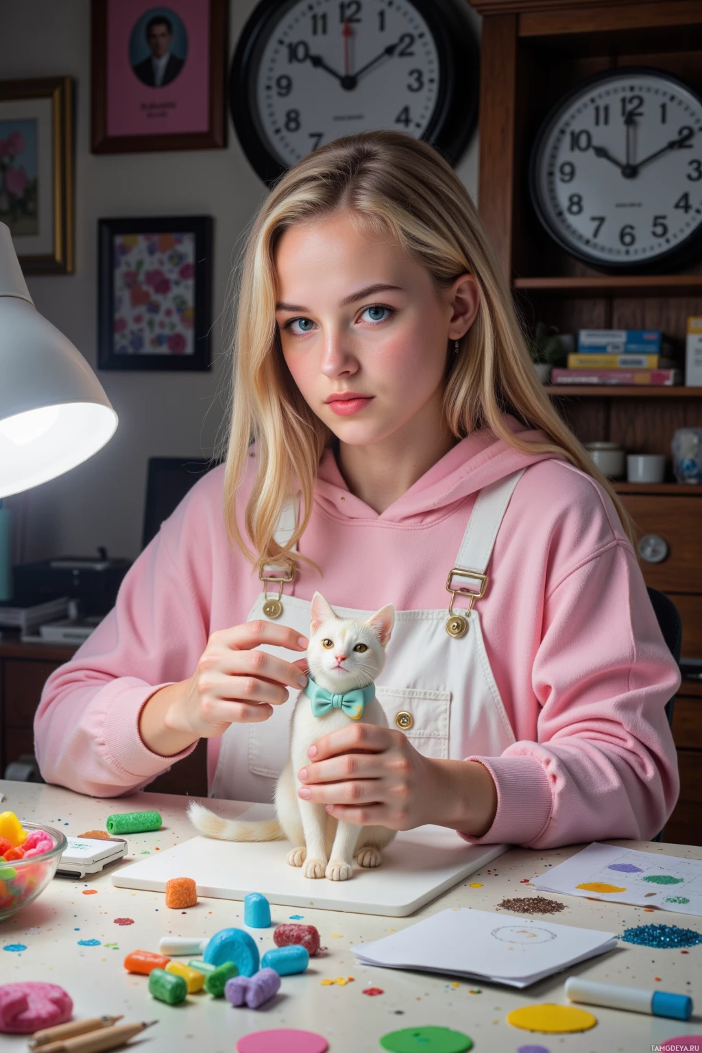Realistic high quality photo. A 22‑year‑old woman with long blonde hair, blue eyes, wearing a pastel pink hoodie and white overalls, sits at a cluttered desk late at night carving a detailed cat figurine with whiskers, adjusting a pastel bow tie while surrounded by scattered glitter, color swatches, foam‑topped markers, a half‑empty bowl of rainbow gummy bears, and a ticking clock.