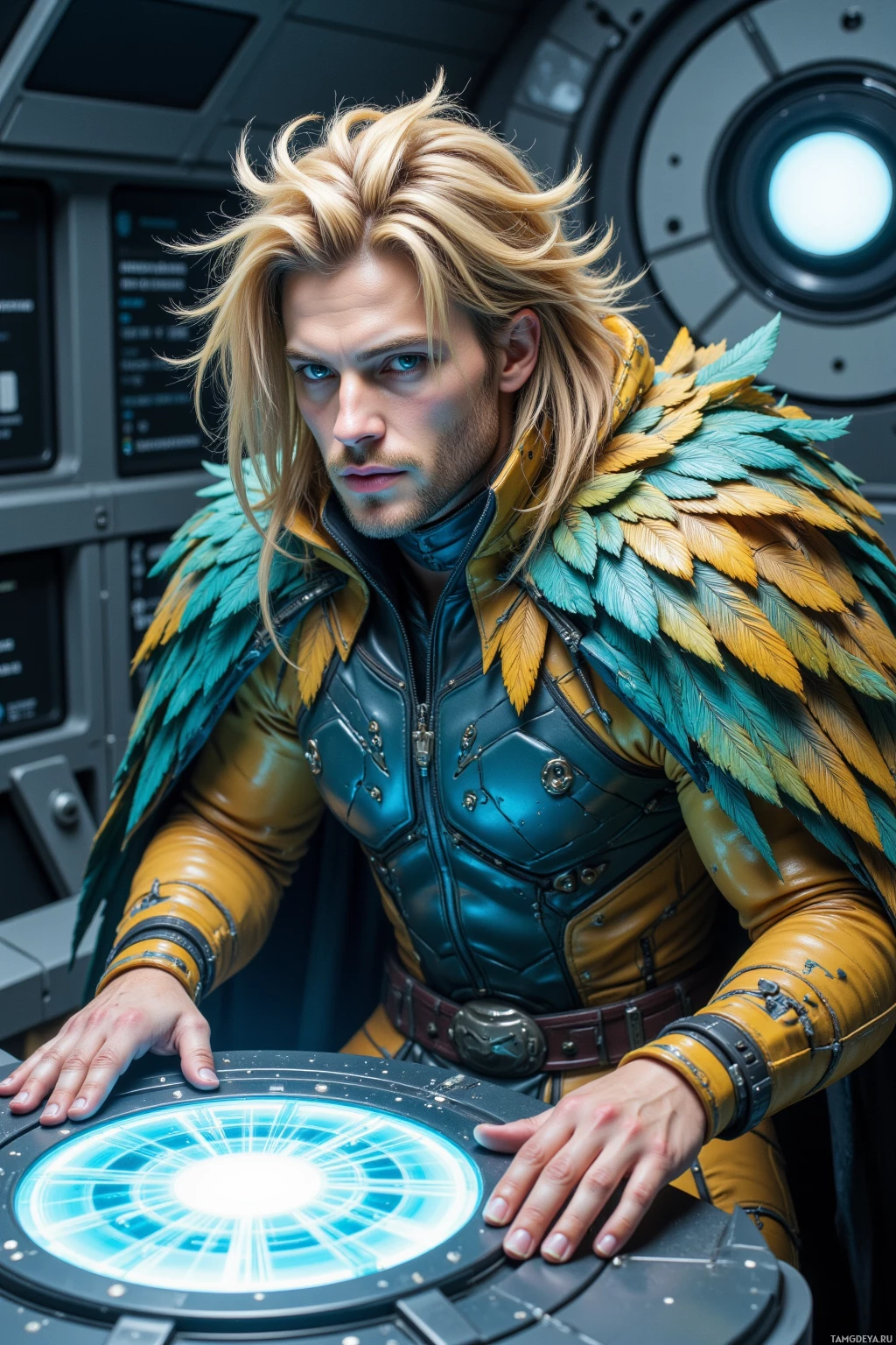 Realistic high quality photo. Male humanoid with messy blonde hair, iridescent gold and teal plumage feathers, sharp blue eyes, angular face, high cheekbones, wearing a sleek feathered tech suit with a utility belt, seated at a glowing holographic console in a ship’s observation bay, hull light reflecting off the surface, swirling data streams above, focused and precise.