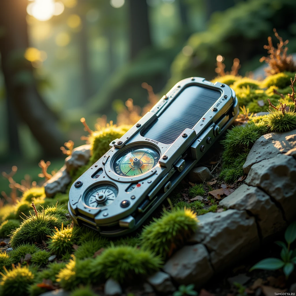 Semi-abstract image with many light, that is suitable for the post:  All‑aluminum rust‑proof pocket‑knife‑shaped multi‑tool featuring a translucent solar panel, built‑in fire plough, hygrometer, moss‑grown compass disk, moss‑covered base, detachable tarp, and hand crank, rendered in earthy greens, metallic silvers, and subtle black accents.