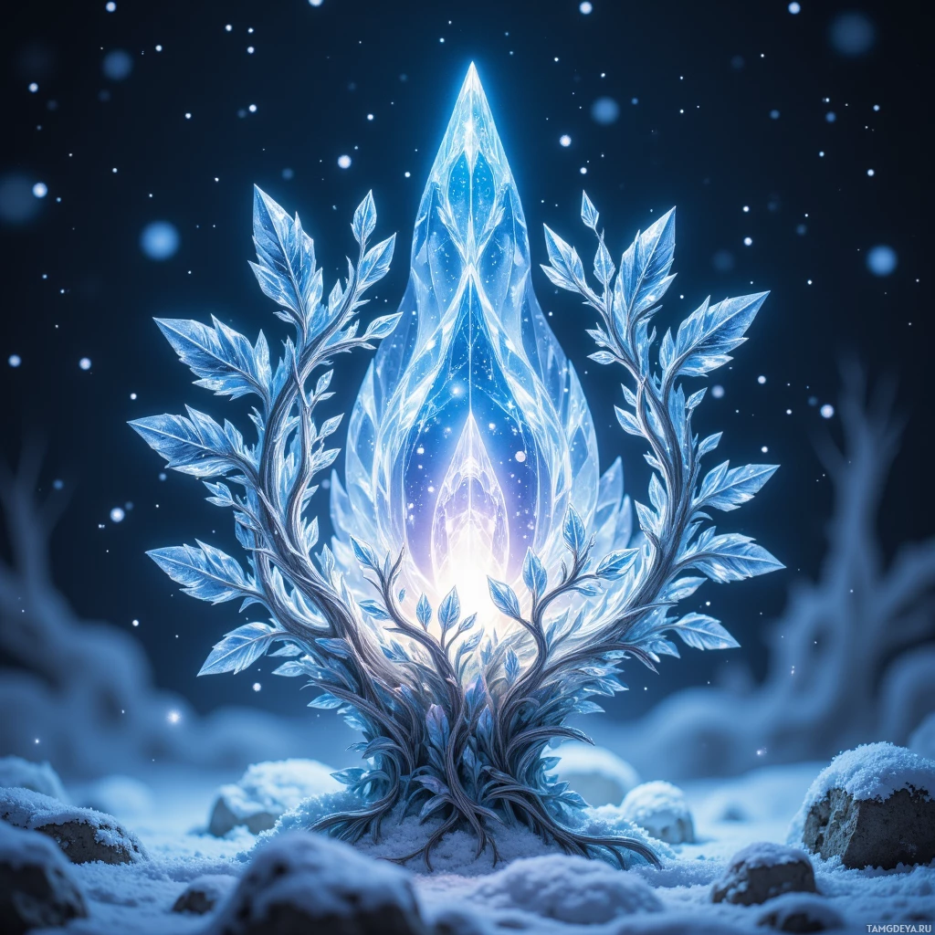 Semi-abstract image with many light, that is suitable for the post:  A silver snowflake-shaped lantern carved from a single crystal of eternal frost, with delicate crystalline arms holding a miniature winter garden, emitting soft blue light that refracts into tiny auroras.