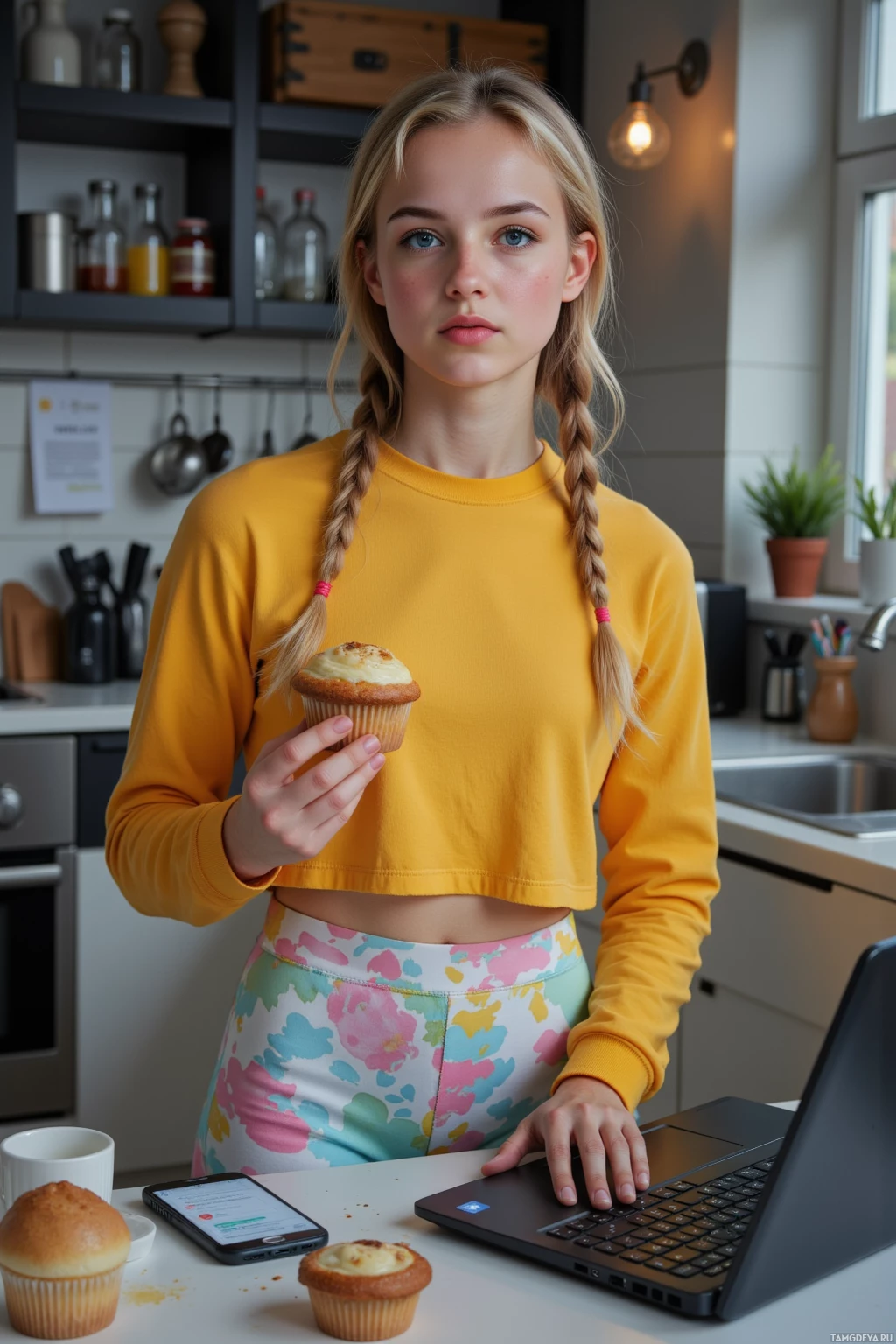 Realistic high quality photo. A young woman, 23, with braided blonde hair, bright blue eyes, fair skin, wearing a vibrant yellow crop top, pastel-patterned leggings, and white sneakers with pink laces, stands in a cluttered modern kitchen at night, holding a burnt cupcake while arranging a chaotic color‑coded spreadsheet on her laptop screen and a phone with notes, her expression a mix of frantic optimism and determination.