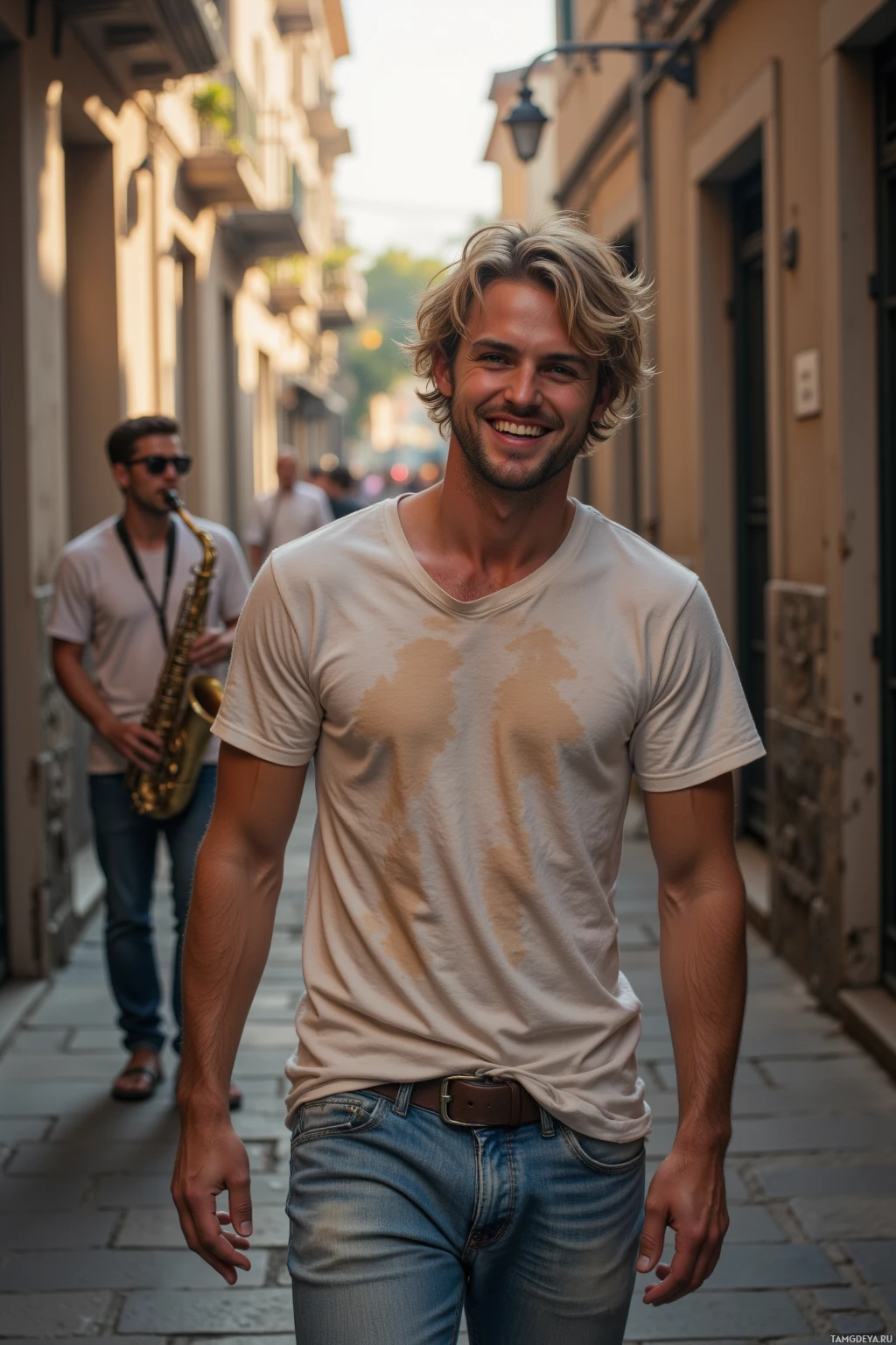 Realistic high quality photo. A 22-year-old man with messy blonde hair, bright blue eyes, light complexion, wearing a faded T-shirt and loose jeans, laughing and walking through a sunlit alley while a saxophonist plays, late afternoon light filtering through narrow walls creating a spontaneous street jam vibe.