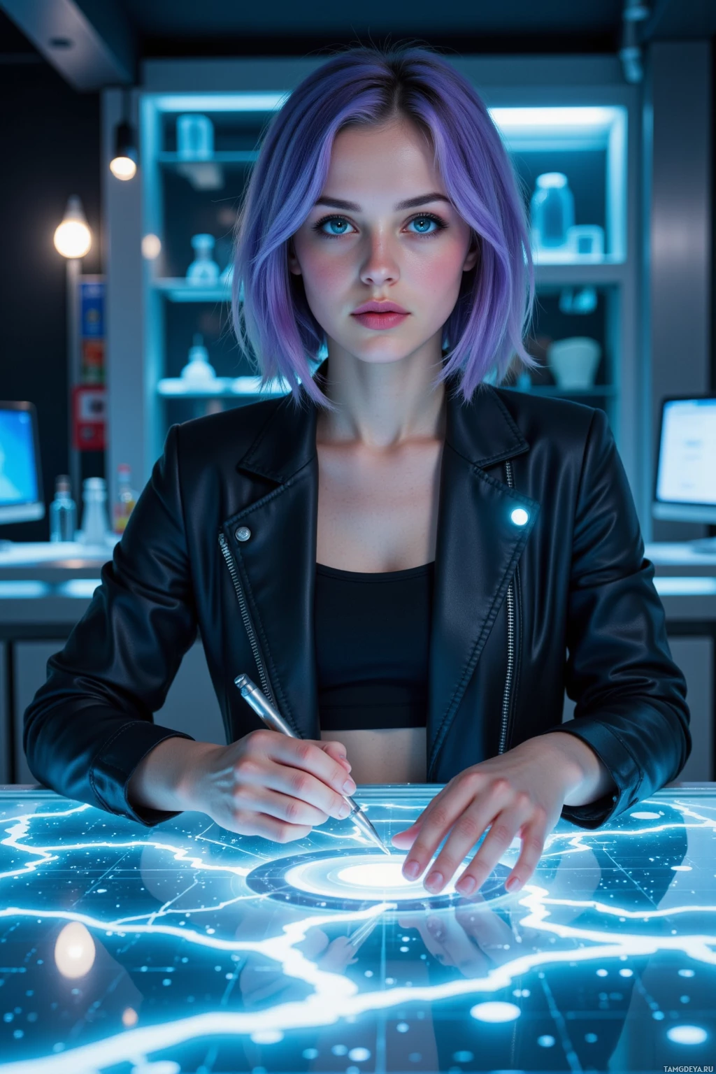 Realistic high quality photo. 28‑year‑old woman with short purple hair, blue eyes, pale skin, wearing a sleek futuristic jacket with glowing accents and minimalist casual clothes, sits at a translucent holographic desk in a dimly lit high‑tech lab, holding a silver stylus while a flickering quantum interface projects glitchy error waves and floating abstract sketches around her, late‑night scene.