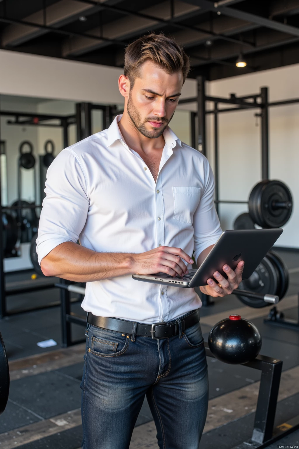 Realistic high quality photo. 27-year-old male with short light brown hair, blue eyes, wearing a fitted white shirt and dark jeans, standing in a contemporary gym with polished concrete floor and steel equipment, holding a kettlebell while a barbell with plates rests on a rack, checking a diet spreadsheet on a laptop, nodding with a focused expression, midday natural light.