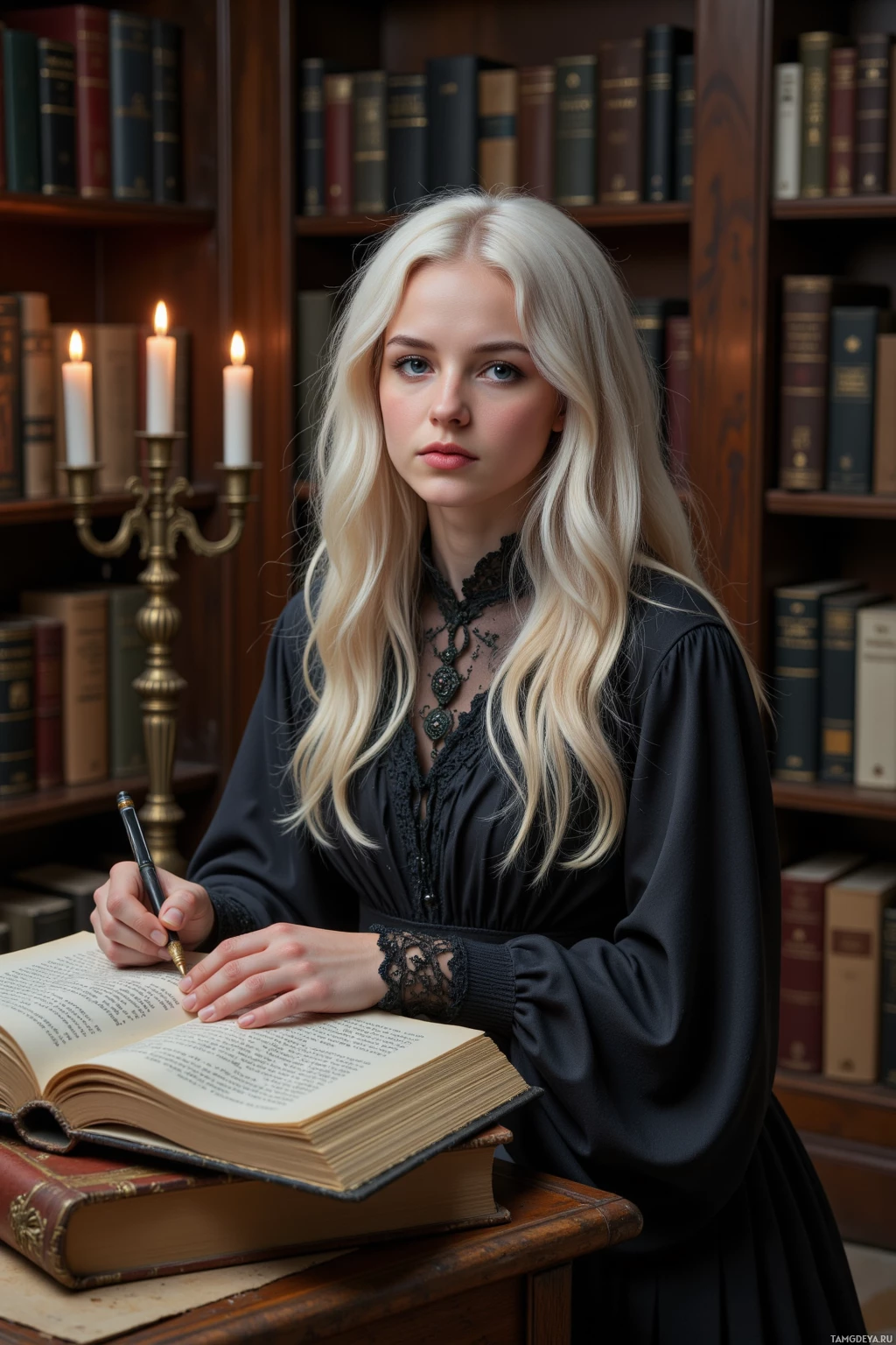 Realistic high quality photo. 28‑year‑old woman with long white curly hair, blue eyes, wearing a flowing black lace dress with layered fabric, perched on a stack of ancient manuscripts in a hushed amphitheatre‑like study, candlelight flickers casting crystalline shadows, she meticulously edits prose with a sharp pen amid the scent of wax and old ink.