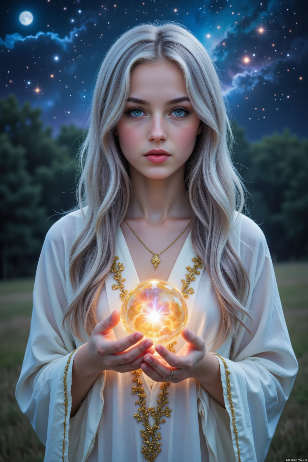 Realistic high quality photo. A young woman with long silver hair, blue star‑reflecting eyes, porcelain skin, high cheekbones, and a small delicate nose, wearing flowing white robes embroidered with golden constellations and a softly glowing crystal pendant, stands on a moonlit clearing at night, tracing a swirling nebula with her fingertips as stardust ripples around her, surrounded by the faint glow of distant galaxies, the scent of moonlit herbs and old parchment, her calm, aloof posture exuding cosmic empathy.