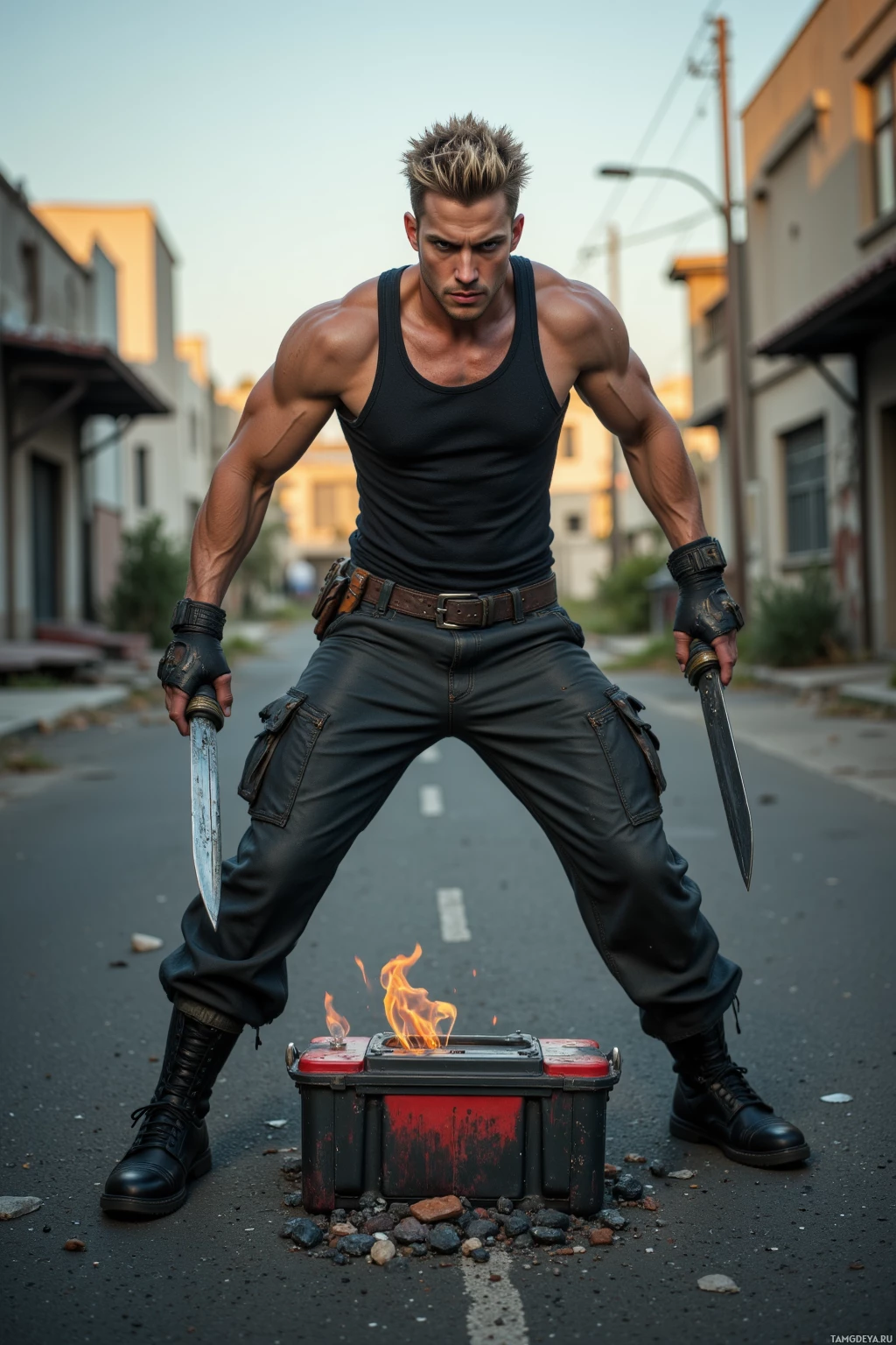 Realistic high quality photo. A tall, athletic male with short spiky blonde hair, piercing blue eyes, pale skin, wearing a simple tank top, combat pants, and custom claw gloves, fiercely brandishing steel blades in a silent, post‑apocalyptic street at dusk, fighting over a rusted car battery amid scorched metal wreckage and shattered debris.