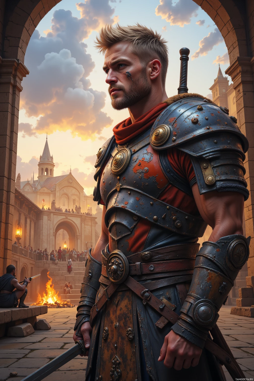 Realistic high quality photo. A tall, muscular 35‑year‑old male warrior with tousled blonde hair, piercing blue eyes, pale skin, a war‑painted face, wearing rugged battle‑worn armor with tribal symbols, stands on a sunlit training ground at dusk watching his clan’s blades flash as they practice maneuvers, then steps into a stone great hall where a crackling hearth glows, roast meat sizzles, and clan members laugh and share stories, the warrior listening and teaching tactics amid rustic wooden benches and banners.