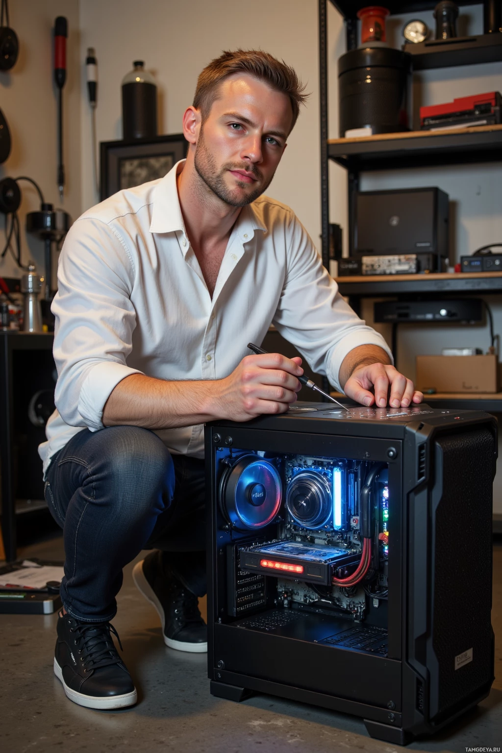 Realistic high quality photo. Male, 36, short blonde hair, blue eyes, pale skin, wearing a white button‑down shirt, dark jeans, black sneakers, in the back corner of a modern workshop fine‑tuning a water‑cooling loop on a PC tower with a small screwdriver, surrounded by tools, under warm late‑afternoon light.