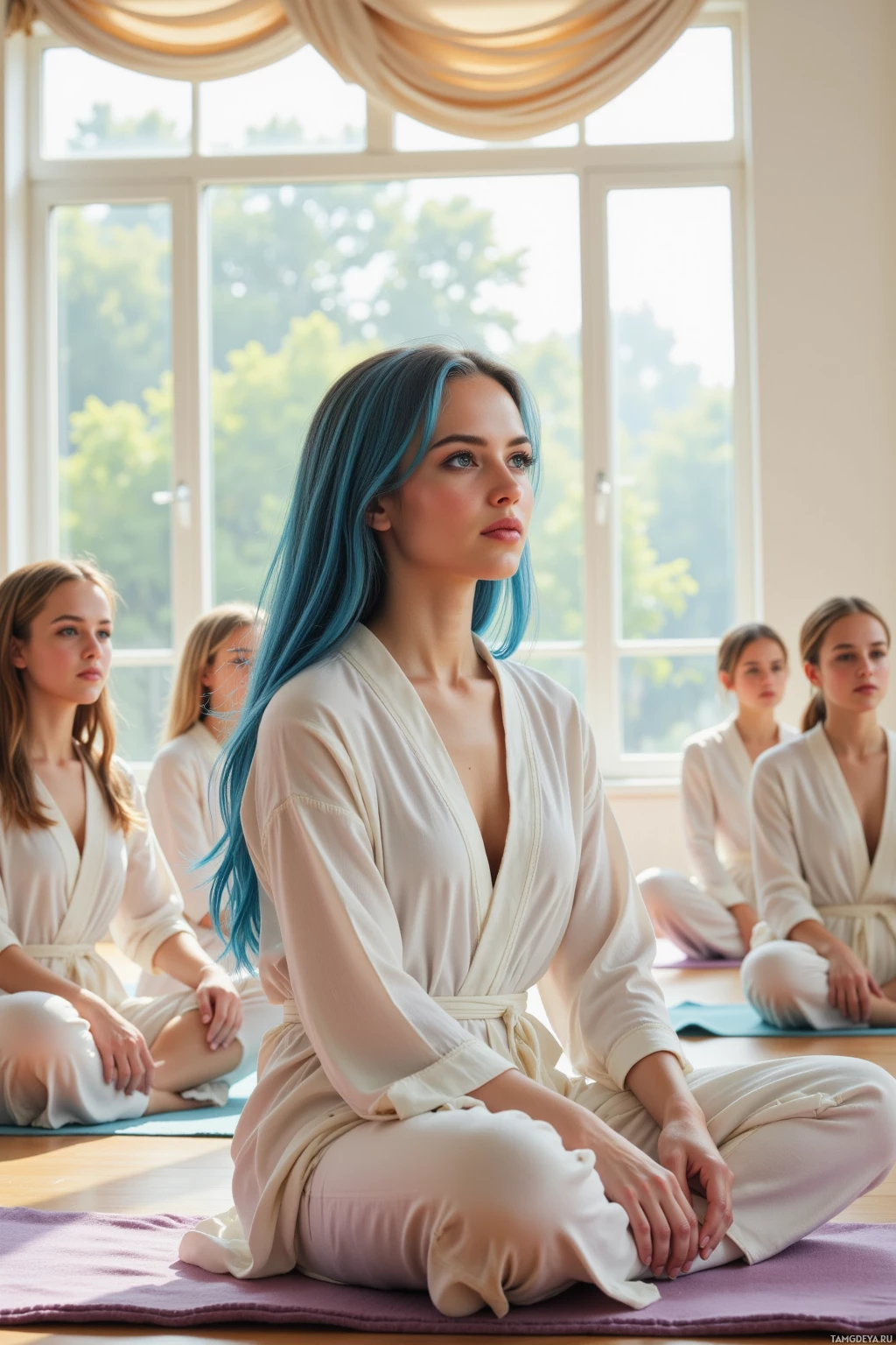 Realistic high quality photo. A 29-year-old woman with long blue hair, tranquil blue eyes, porcelain skin, wearing flowing white robes, seated in a circle of cushions on a studio floor illuminated by sunlight filtering through a canopy, open windows letting wind stir the air, gently guiding a small group of students in yoga breathing with calm posture, modern realism, soft natural light, early afternoon.