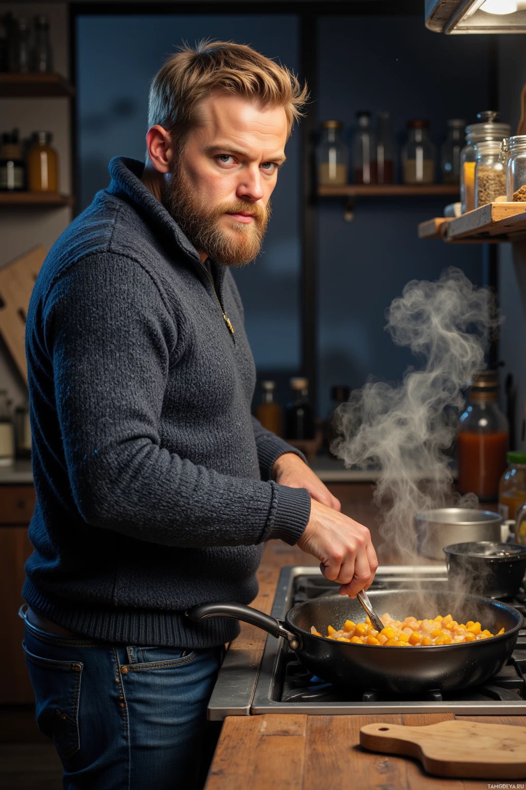 Realistic high quality photo. A 33‑year‑old man with a thick blonde beard, short blonde hair, blue eyes, wearing a cozy knitted sweater and faded jeans, stands in a twilight kitchen, stirring a pot of caramelized onions and saffron, kitchen lights flickering overhead, a spice rack with a locked recipe vault beside him, steam rising from the pot.