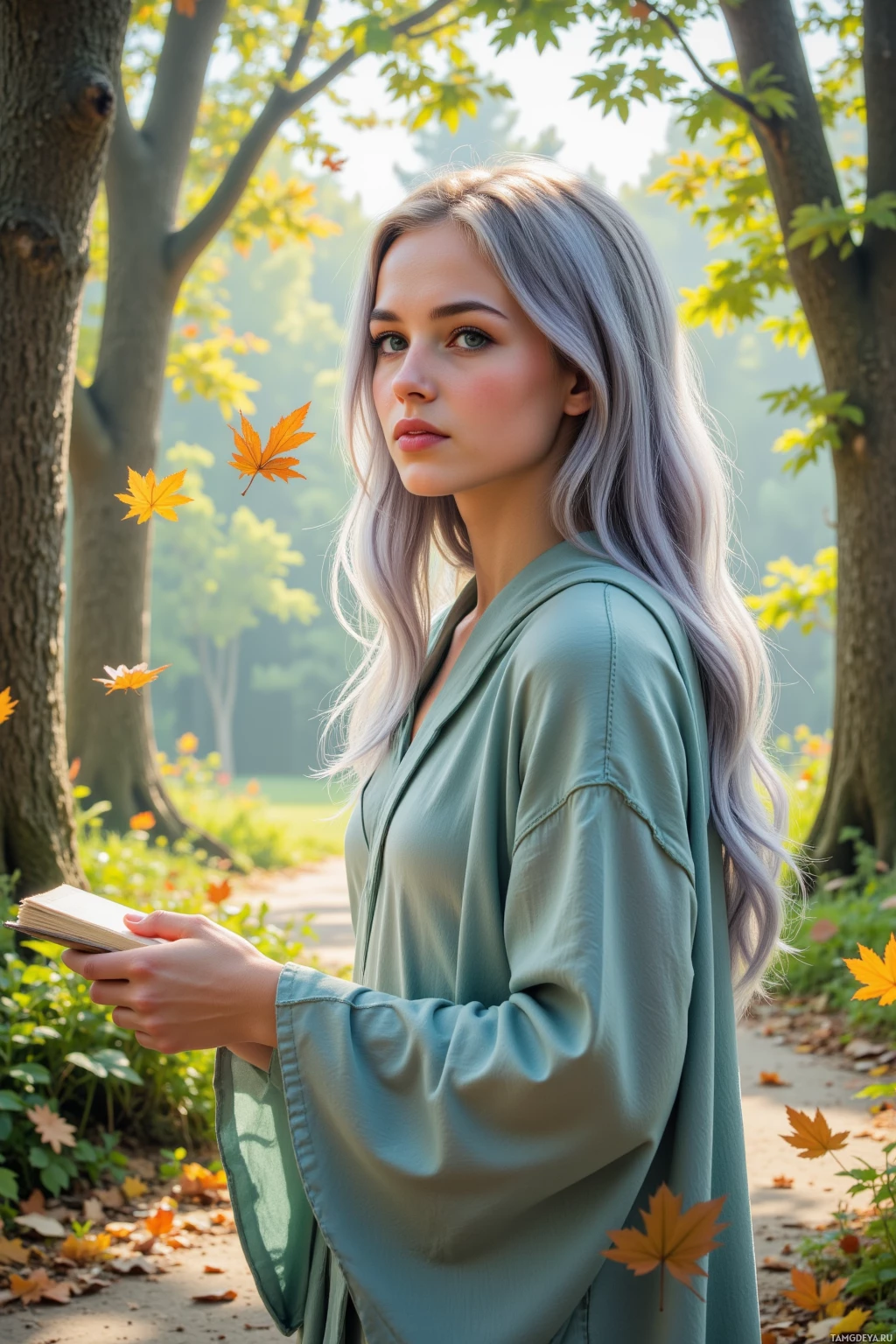 Realistic high quality photo. Female, 26, long silvery‑blue hair, soft blue eyes, pale skin, wearing flowing ethereal robes, standing in a sun‑dappled forest clearing, sketchbook fluttering in a playful breeze among amber‑scented leaves, whispering to rustling trees, serene and whimsical.