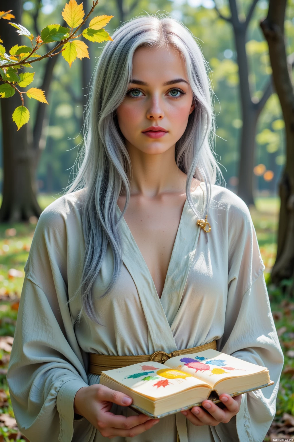 Realistic high quality photo. Female, 26, long silvery‑blue hair, soft blue eyes, pale skin, wearing flowing ethereal robes, standing in a sun‑dappled forest clearing, sketchbook fluttering in a playful breeze among amber‑scented leaves, whispering to rustling trees, serene and whimsical.