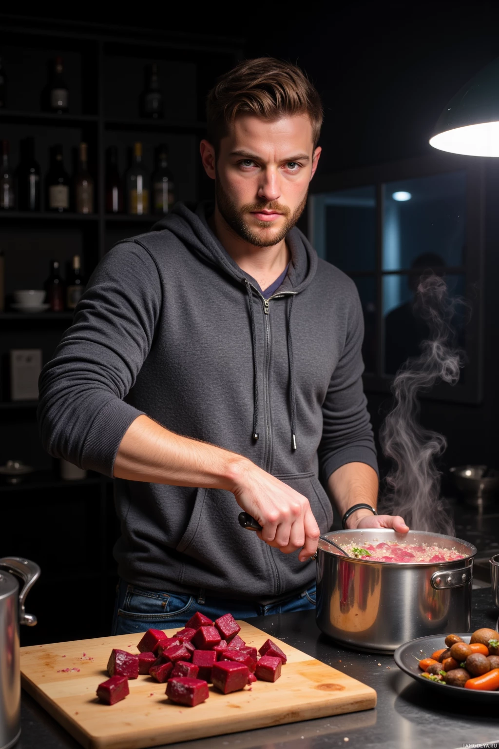 Realistic high quality photo. Male, 28, short light brown hair, trimmed beard, bright blue eyes, wearing a relaxed gray hoodie and faded blue jeans, standing in a dimly lit modern kitchen at midnight, stirring smoked beetroot into a quinoa broth in a stainless steel pot, steam curling, roasted beetroot cubes on a wooden cutting board, illuminated by a single overhead kitchen lamp, his confident hands and slightly raw, bold expression reflecting his culinary rebel personality.