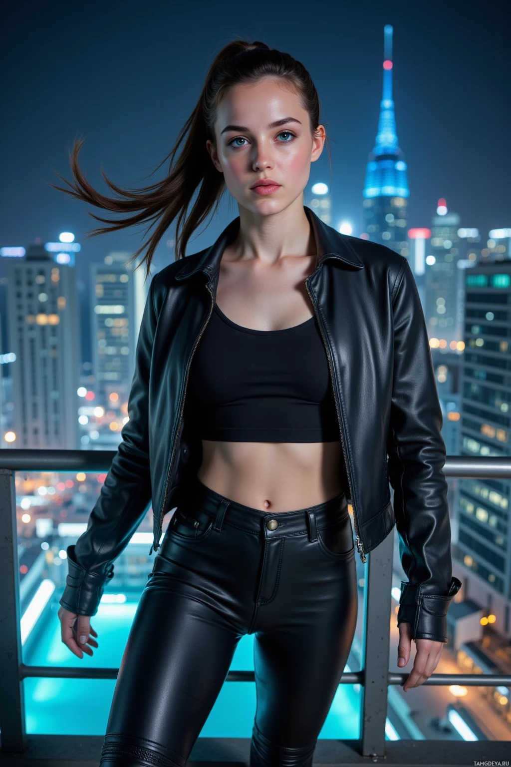 Realistic high quality photo. Female 29, pale, athletic, sleek black ponytail, piercing blue eyes, sharp gaze, wearing a black leather jacket, black tank top, high‑waisted black pants, sturdy black boots, standing on an orbital docking platform at night, wind whipping her jacket, humming drones overhead, neon sea visible through docking towers, she glides forward, silent predator focused and determined.
