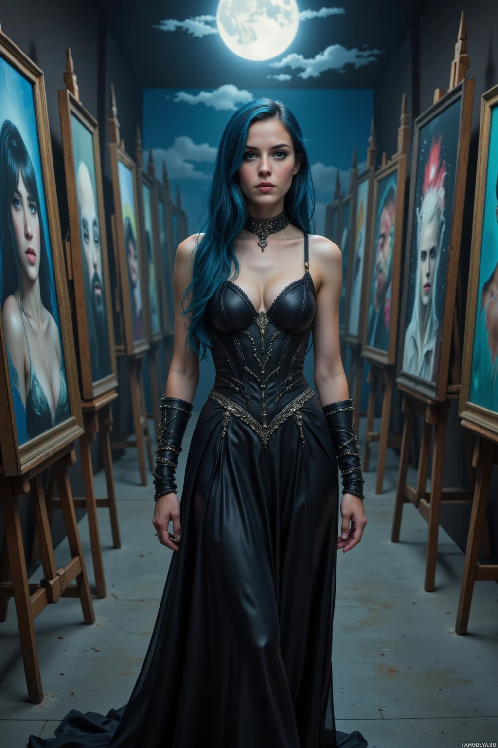 Realistic high quality photo. 27‑year‑old woman with long deep blue hair, green eyes, pale skin, wearing a flowing black gothic dress with silver detailing and a silver choker, walks alone through a dimly lit gallery of canvases, holding a paintbrush like a shield under a moonlit sky, shadows curling around her, serene yet intimidating.