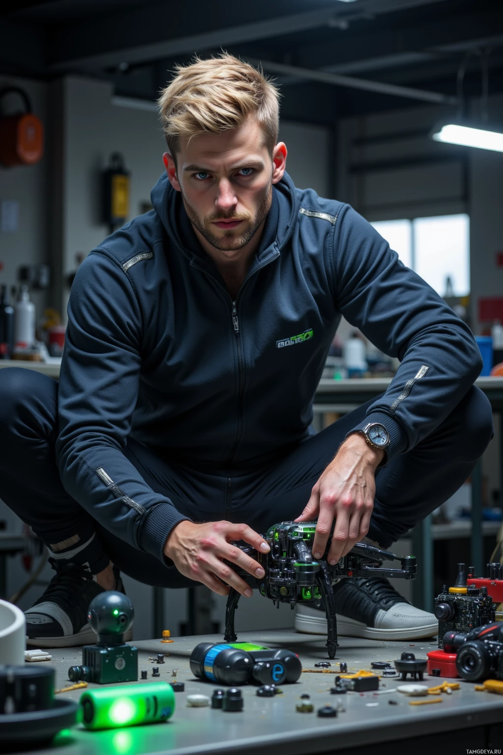 Realistic high quality photo. 29‑year‑old athletic man with short blonde hair, blue eyes, pale skin, wearing a streamlined racing jacket and sporty sneakers, late night in a dimly lit workshop tightening the final bolt on a 3D‑printed quadcopter, a green battery light glowing, surrounded by scattered tools and electronics, focused expression, modern realism.