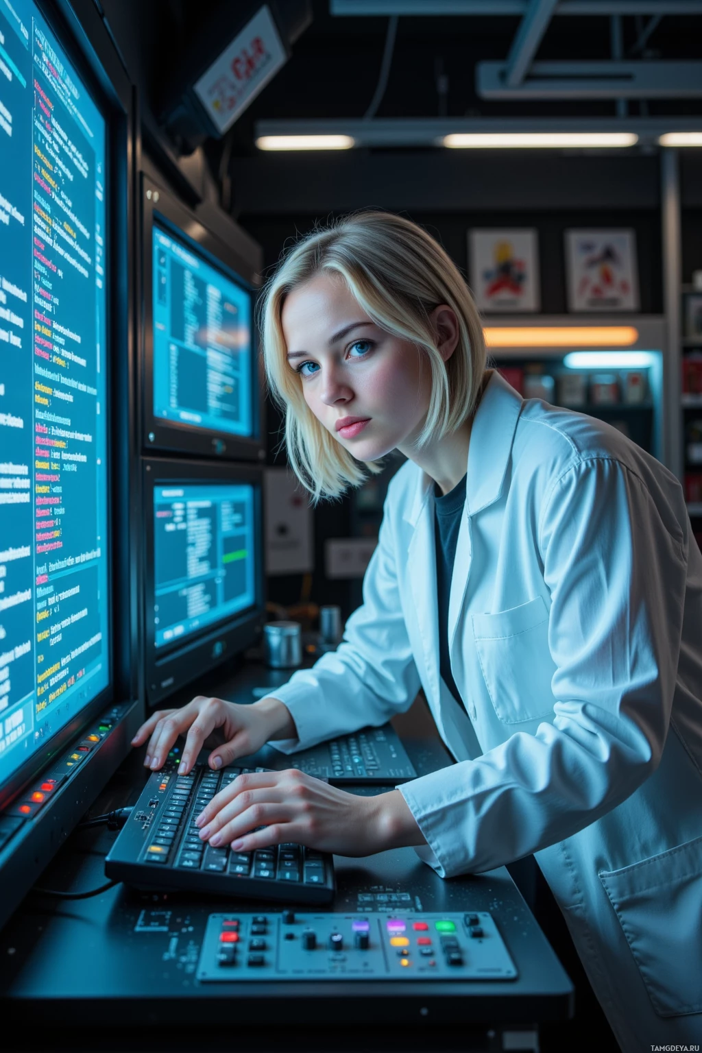 Realistic high quality photo. Woman, 31, short blonde hair, blue eyes, slender build, crisp white lab coat, leaning over a futuristic console in a dimly lit quantum lab, debugging code while a makeshift photon‑to‑sound converter hums beside holographic displays of overflowing logs, with a quantum cache synchronization panel glowing.