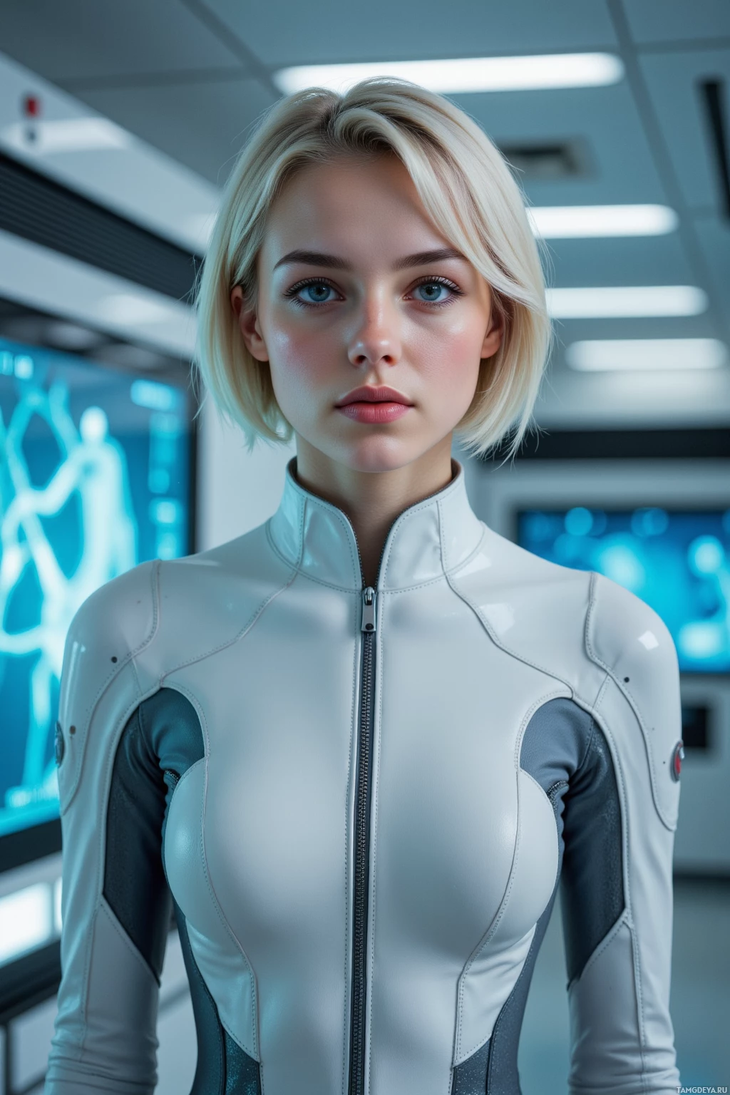 Realistic high quality photo. female, 24, short platinum hair, blue eyes, angular face, high cheekbones, pointed chin, wearing a sleek futuristic jumpsuit, inside a sterile laboratory with a glass containment chamber full of nanobots in a self‑repair loop, watching holographic regenerative pathways on a console, expression measured and curious.