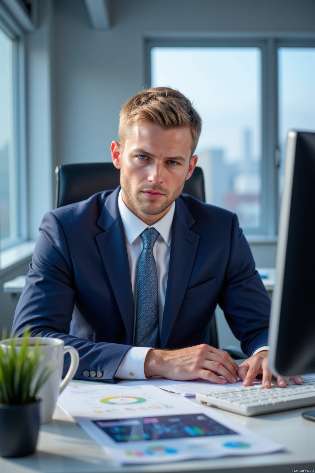 Realistic high quality photo. A 32‑year‑old man with short blonde hair, bright blue eyes, sharply groomed, wearing a tailored navy suit, crisp white shirt and patterned tie, sits at a pristine modern office desk in the quiet early hour, staring intently at glowing dashboards on a large monitor while organized papers and a coffee mug rest beside him, soft natural light filtering in.