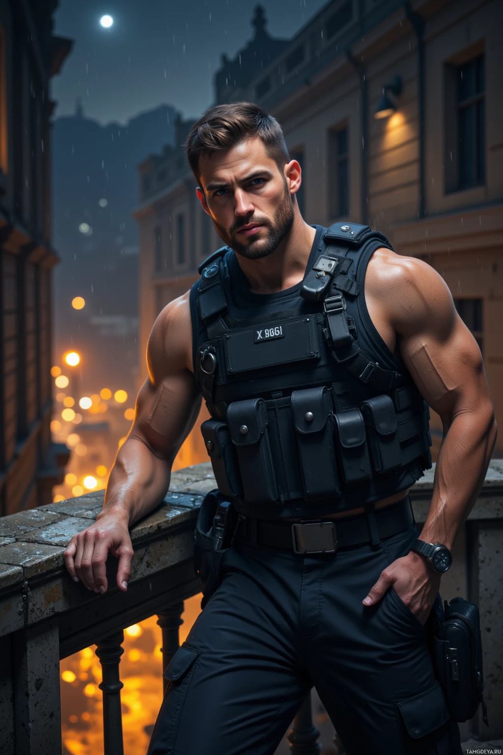 Realistic high quality photo. Tall man with short dark hair, intense blue eyes, wearing a black tactical vest, cargo pants and a utility belt, leaning on a balcony railing at night, city lights flicker below, damp stone walls and faint rain, watchful and alert posture.