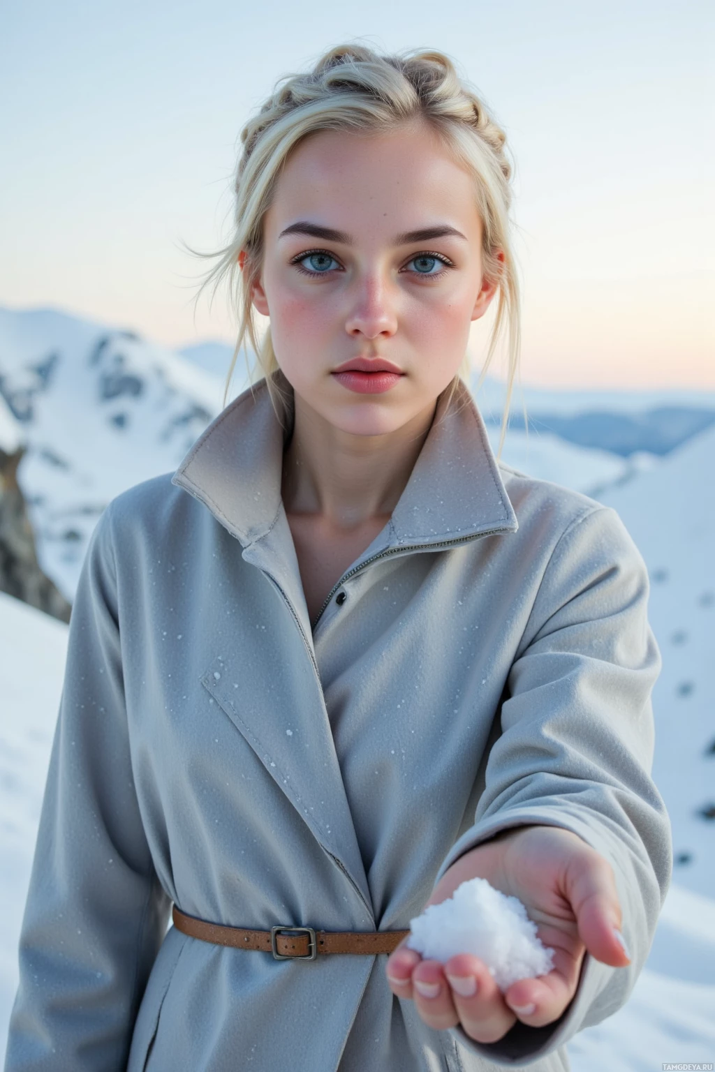 Realistic high quality photo. Female, 32, platinum blonde hair neatly braided, striking blue eyes, pale skin, minimalist grey coat flowing, standing on a snow‑covered ridge in a post‑apocalyptic glacier, wind whipping snowflakes, holding a glistening shard of snow in her palm while capturing a photo with a vintage camera, dawn light illuminating the icy plateau.