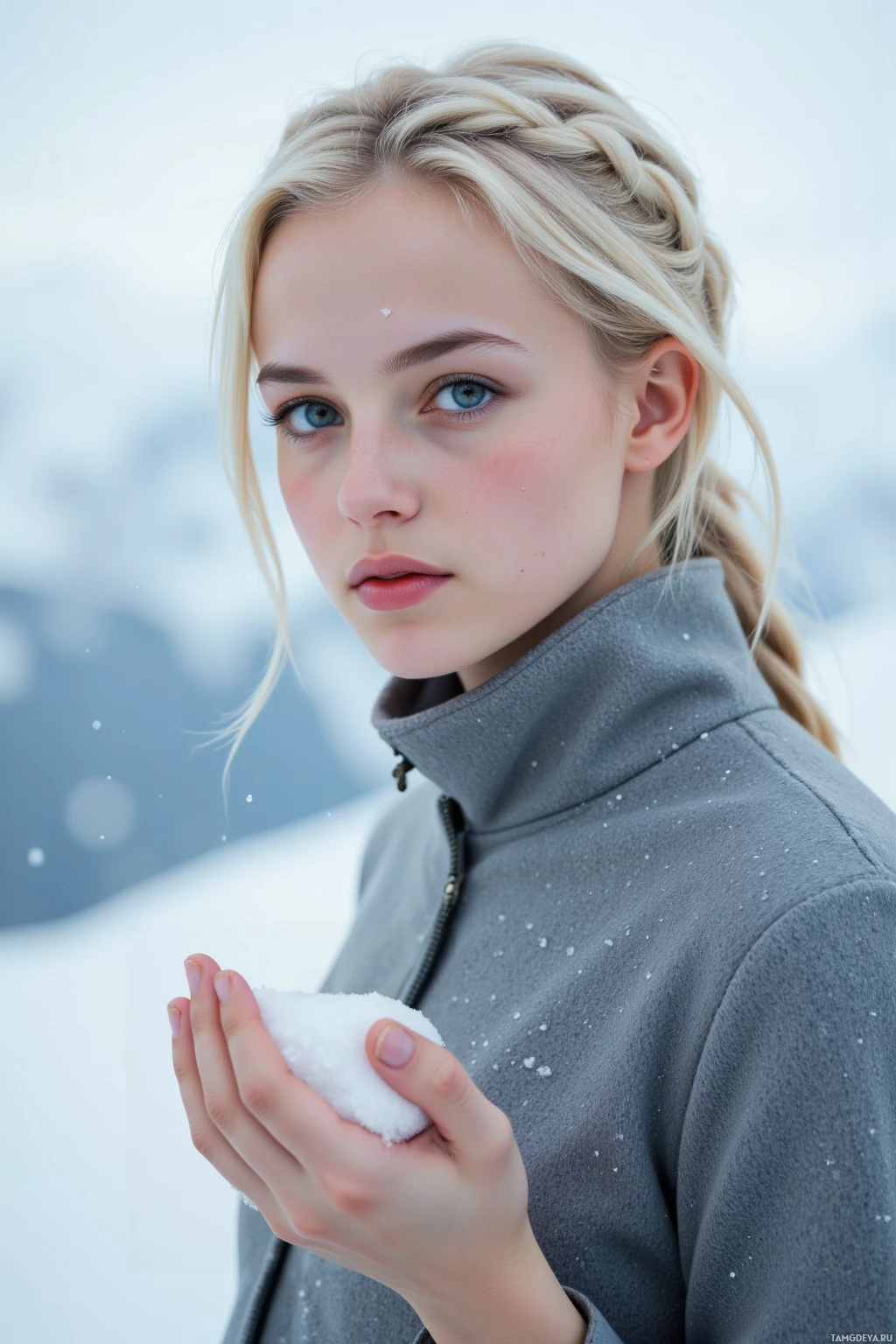 Realistic high quality photo. Female, 32, platinum blonde hair neatly braided, striking blue eyes, pale skin, minimalist grey coat flowing, standing on a snow‑covered ridge in a post‑apocalyptic glacier, wind whipping snowflakes, holding a glistening shard of snow in her palm while capturing a photo with a vintage camera, dawn light illuminating the icy plateau.