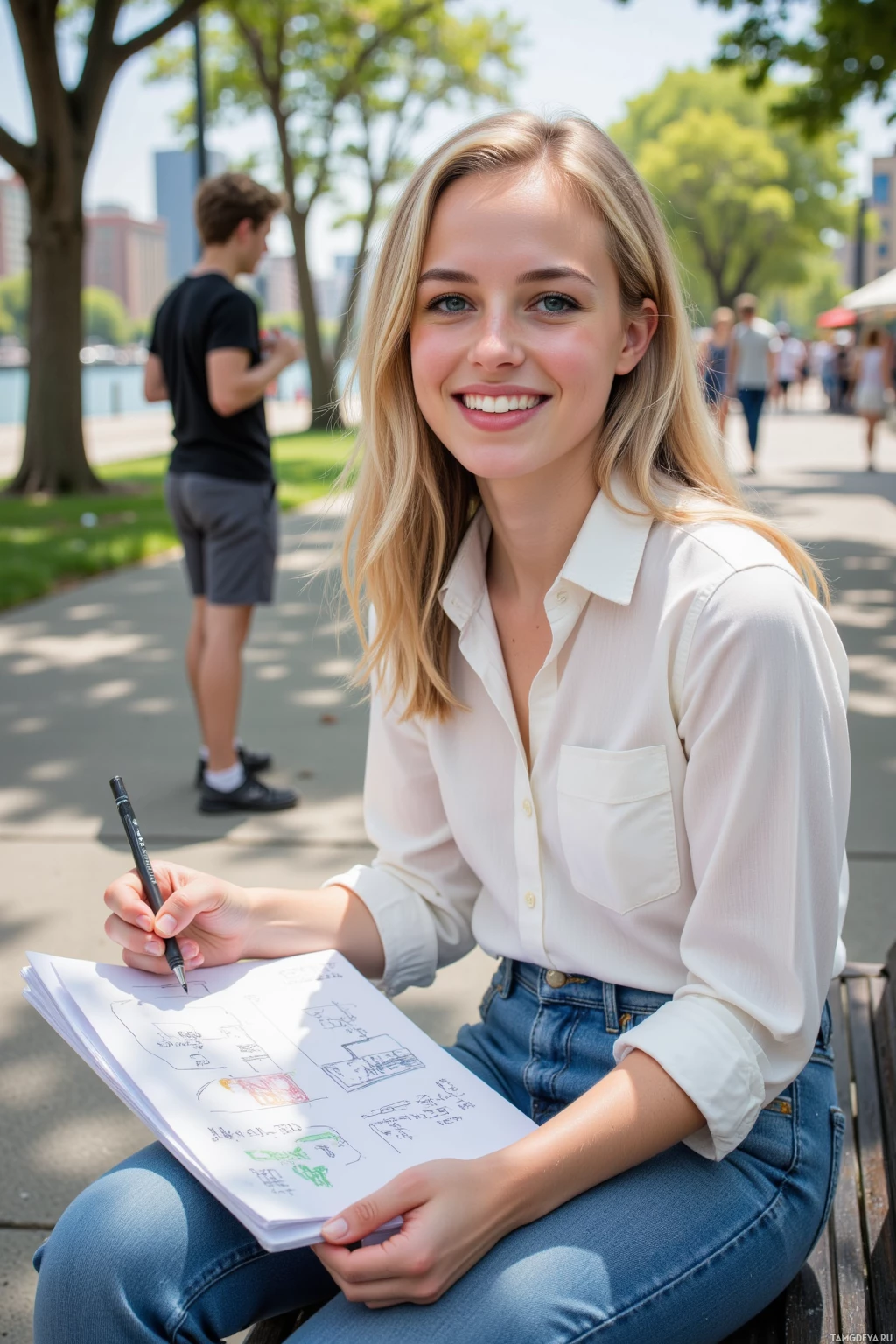 Realistic high quality photo. Female marketing wizard, 27, curly blonde hair, bright blue eyes, fair skin, wearing a simple trendy blouse and jeans, sketching a storyboard on a bench at a sunny riverwalk while watching a street performer flip a vinyl record, smiling with energetic body language, modern realism, afternoon light.