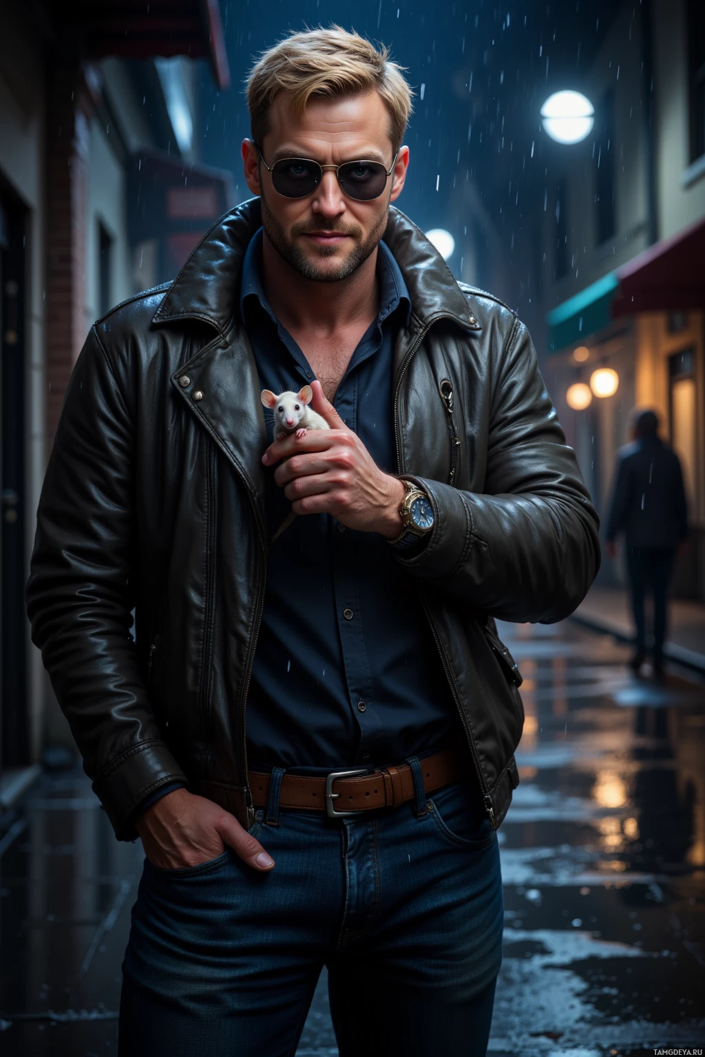 Realistic high quality photo. Tall, rugged 38‑year‑old man with short blonde hair, piercing blue eyes, strong jawline, wearing a cracked vinyl jacket, dark jeans, watch, aviator sunglasses perched on his face, grinning confidently while holding a dead mouse in one hand, standing in a rain‑soaked city alley at night with street lamps reflecting on wet pavement and shadows looming around him.