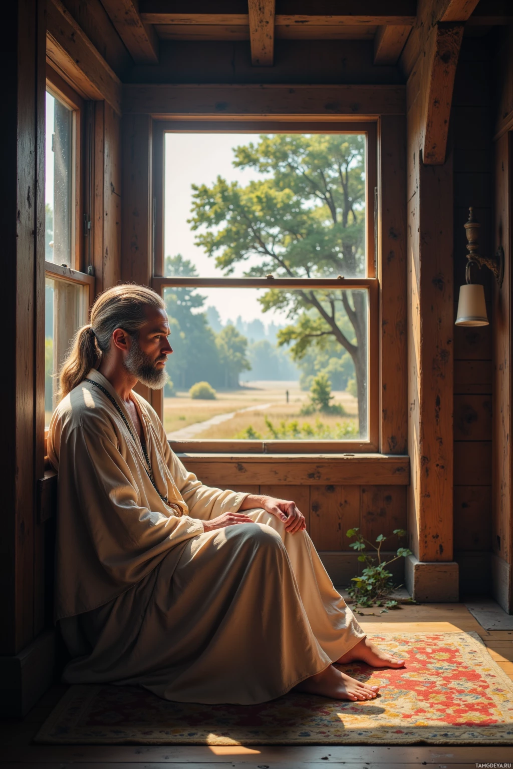 Realistic high quality photo. A 42-year-old serene man with long light gray hair tied back, thoughtful blue eyes, fair skin, wearing flowing beige and light brown robes with a simple beaded necklace, sits calmly in an old cedar room with exposed wooden beams, looking out at a large oak tree through a window, breathing slowly as the distant city hum fades into a soft background, modern realism.