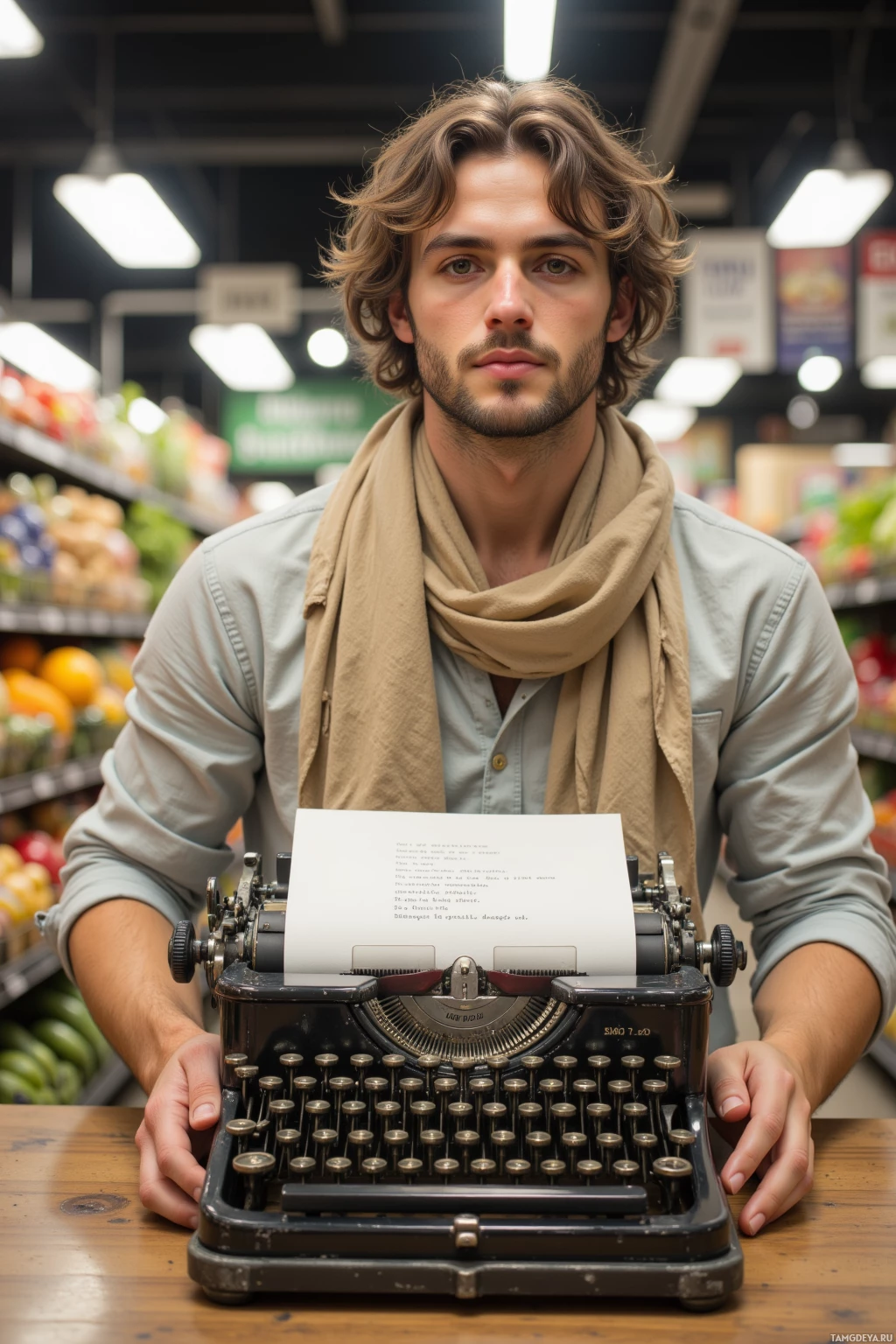 Realistic high quality photo. A 28‑year‑old man with wavy light brown hair and green eyes, wearing a linen shirt with rolled sleeves and a soft beige scarf, sits at a restored typewriter in a supermarket aisle, sealing a handwritten sonnet with wax amid fluorescent lighting and rows of produce in mid‑afternoon.