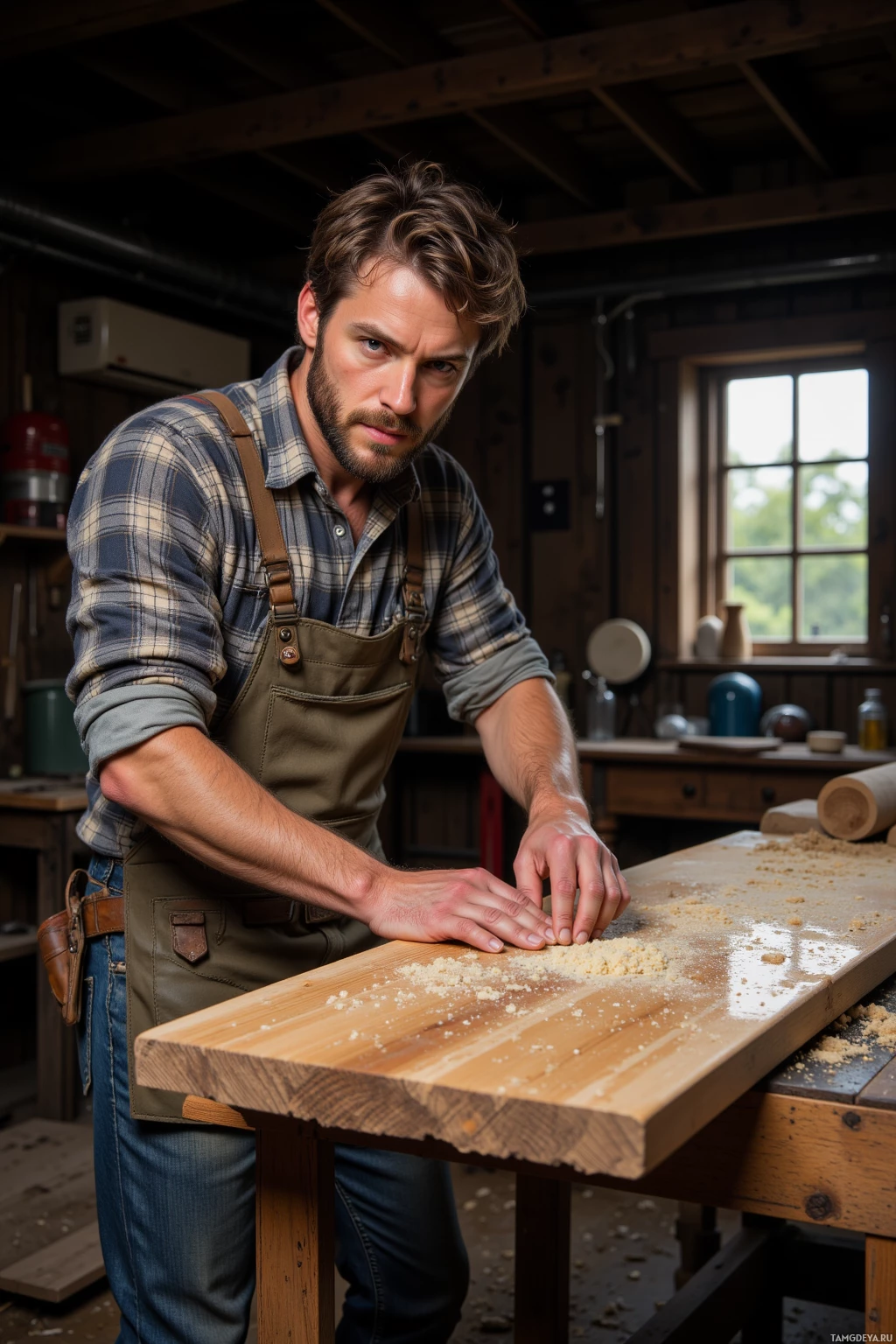 Realistic high quality photo. A rugged 30‑year‑old man with short messy dark brown hair, a thick beard, bright blue eyes, sun‑kissed weathered skin, wearing a rolled‑up flannel shirt and sturdy work boots, sanding a wet oak slab on a wooden workbench in a dim attic workshop cluttered with sawdust, precision measuring tools, a small station for neighbors, the air scented with fresh wood.