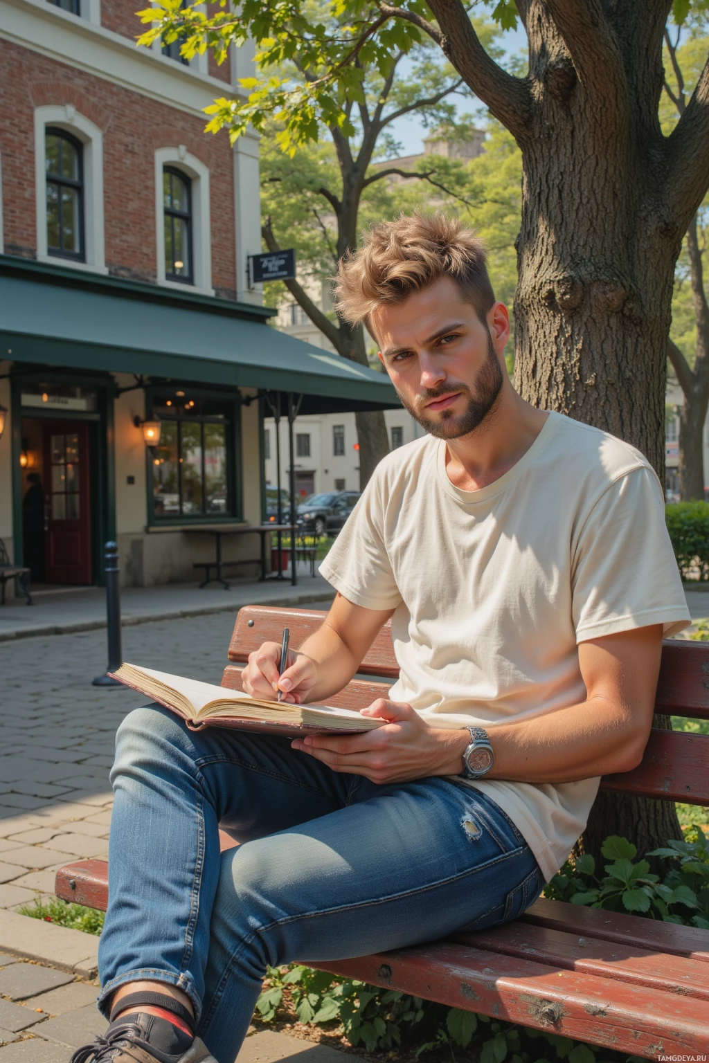 Realistic high quality photo. Late afternoon in a city park, a 26‑year‑old man with messy blonde hair and clear blue eyes, pale skin, wearing jeans, a plain white t‑shirt, and sneakers, sits on a bench sketching on an open sketchbook while light spills over an old brick café with old trees in the background.