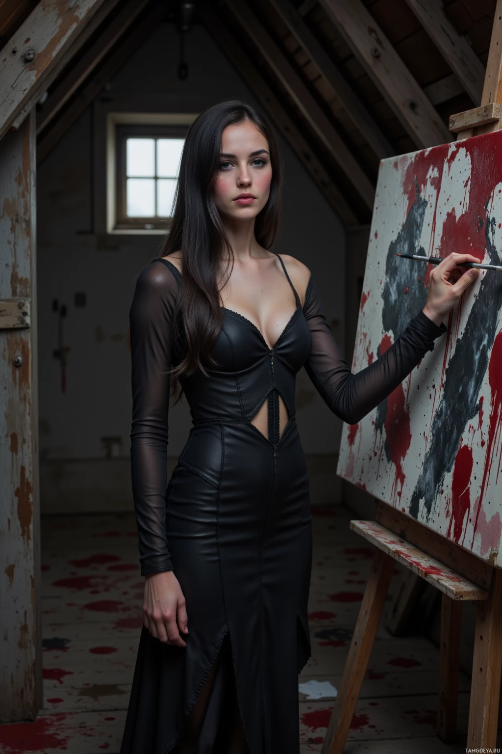 Realistic high quality photo. A slender woman in her thirties, long black hair, pale porcelain skin, deep green eyes, paint‑smudged fingers, wearing a layered black dress with asymmetrical cuts, stands in a dim attic with walls dripping crimson paint, moonlight filtering through a small window, holding a paintbrush in one hand and a canvas in front, rehearsing a solitary artistic ritual.