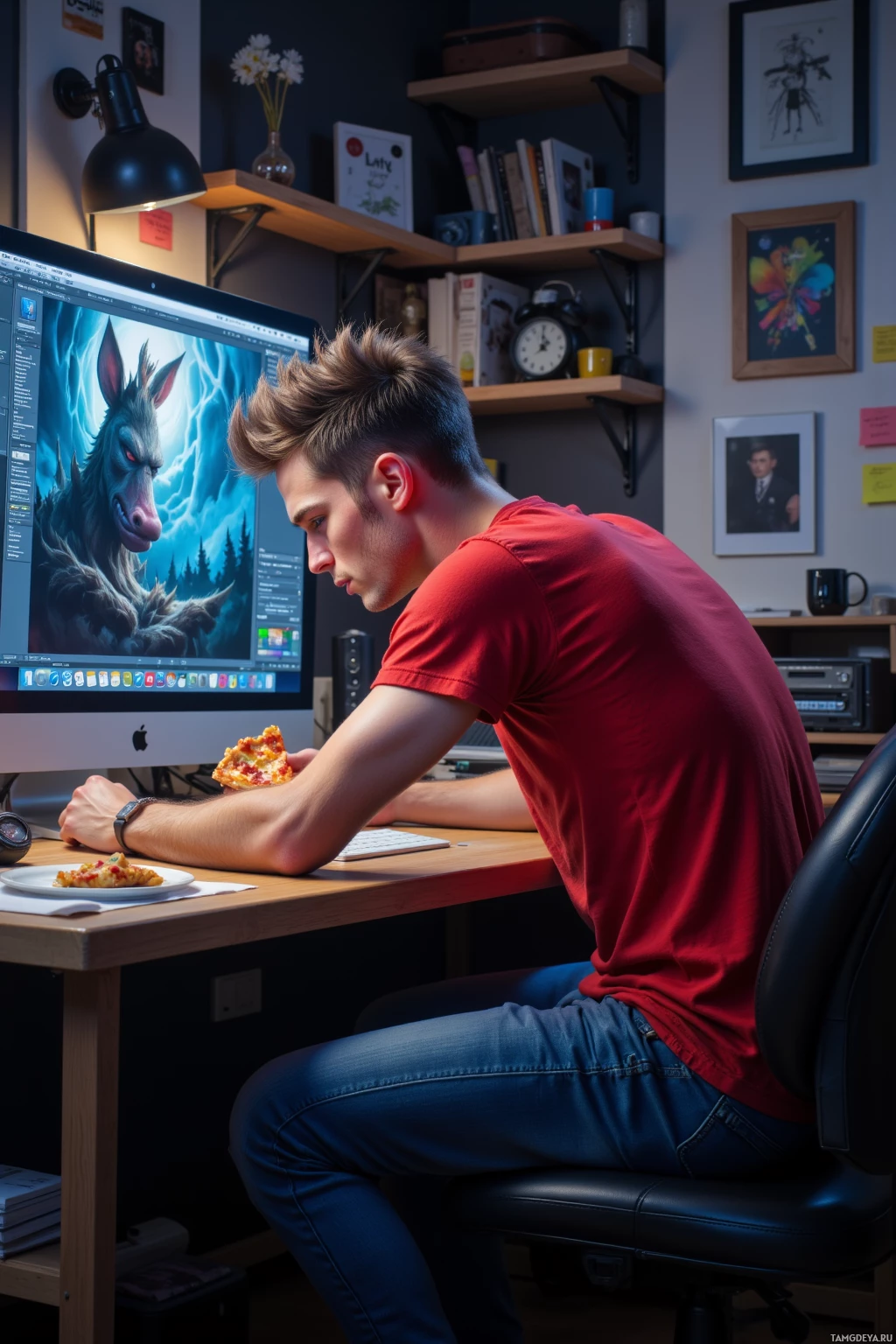 Realistic high quality photo. Man, 29, spiky brown hair, blue eyes, pale skin, bright red t‑shirt and blue jeans, hunched at a cluttered home studio desk at night, focused on an animation software window, a single slice of pizza on a plate beside him, animating an exaggerated eyebrow twitch and a glitchy error message, surrounded by sketch pads and sticky notes, embodying chaotic, asymmetrical motion energy.