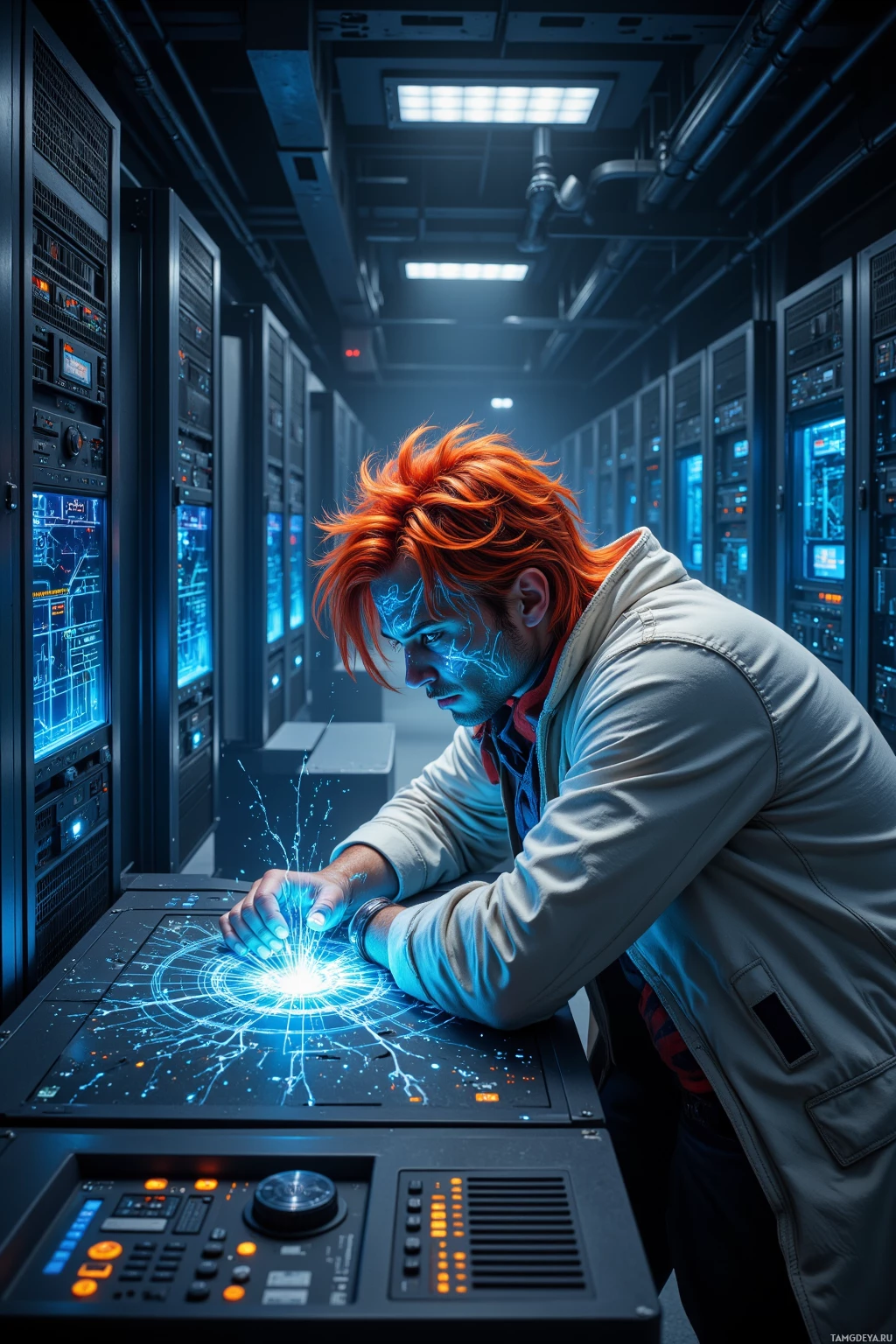 Realistic high quality photo. Male, 29, wild fiery‑red hair, blue eyes patterned like circuitry, luminescent shifting skin, wearing a coat of flowing light particles, leaning over a dimly lit server room console surrounded by humming racks and cascading data streams, sketching fractal patterns in his mind amid the quiet hum of circuitry.