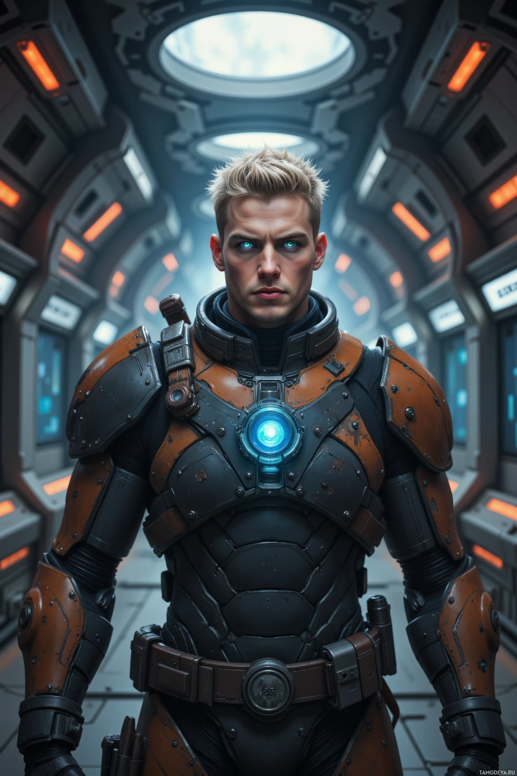 Realistic high quality photo. A 26‑year‑old male with short blonde hair, pale metallic skin, glowing blue eyes, bulky robotic frame in armor‑like protective gear, standing calm and vigilant on a spaceship hull corridor with hull sensors lit, reactor hum resonating in the background, subtle ship interior lighting illuminating the scene.