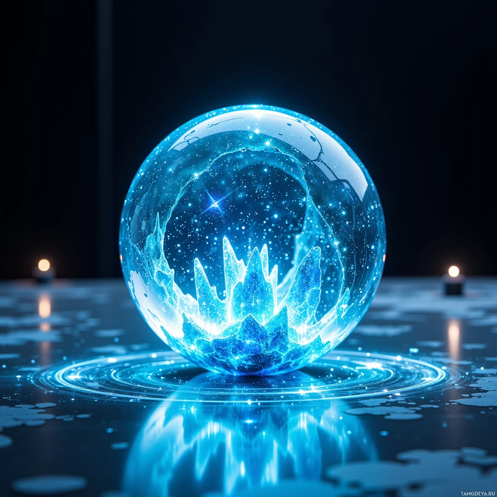 Semi-abstract image with many light, that is suitable for the post:  A hovering 3‑inch translucent crystal sphere with iridescent facets and faint neon blue circuitry pulsing inside, emitting holographic 3‑D battlefield projections onto a flat surface, surrounded by a subtle luminous glow.