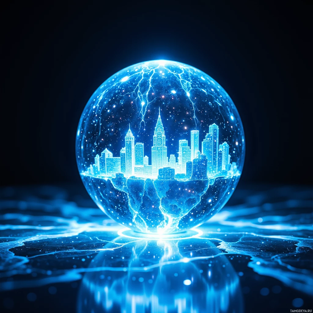 Semi-abstract image with many light, that is suitable for the post:  A hovering 3‑inch translucent crystal sphere with iridescent facets and faint neon blue circuitry pulsing inside, emitting holographic 3‑D battlefield projections onto a flat surface, surrounded by a subtle luminous glow.