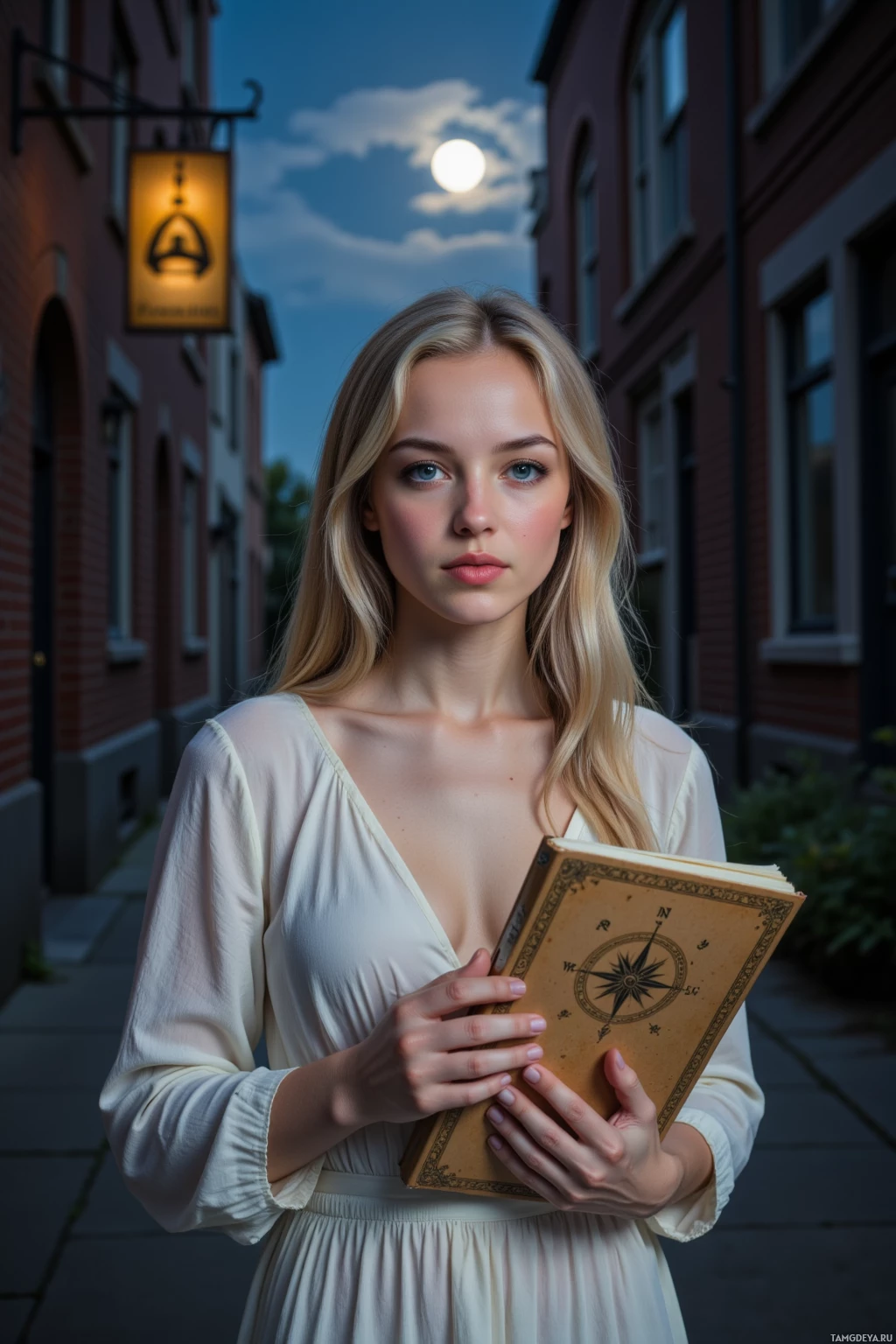 В белом платье стоит человек, держащий старинную книгу с изображением компаса на обложке. На фоне сумеречного неба виден полный месяц, а вокруг – городская улица.