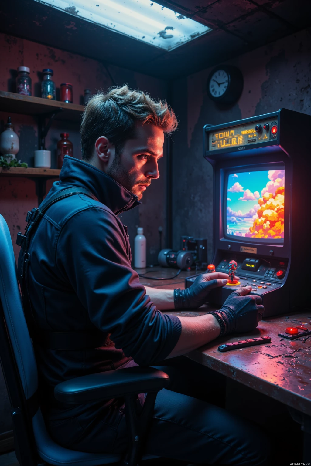 Realistic high quality photo. Man, 31, short light brown hair, blue eyes, wearing sleek tactical gear with streamlined cuts and subtle neon accents, sits in a dim underground arcade room at night, hunched over an old 8‑bit console with a glowing pixelated screen, clutching a tiny 1987 pixel art figurine, eyes fixed on the screen in intense focus while a soft flicker of pixel fire illuminates his face.