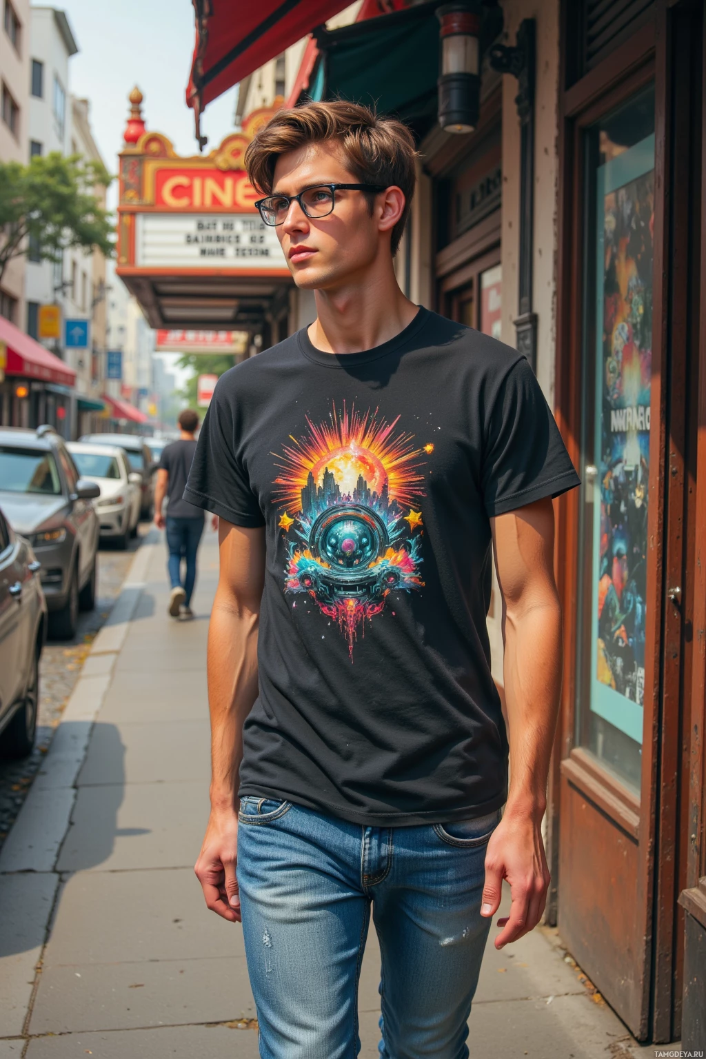 Realistic high quality photo. young man in his early twenties with messy brown hair, round glasses framing blue eyes, wearing a casual tee emblazoned with a vintage arcade logo and jeans, strolling on a sunny morning through an old city street lined with a rusted cinema marquee flickering like a subtle 8‑bit beat, his face reflecting nostalgic curiosity as he glances at nearby pixelated retro game posters