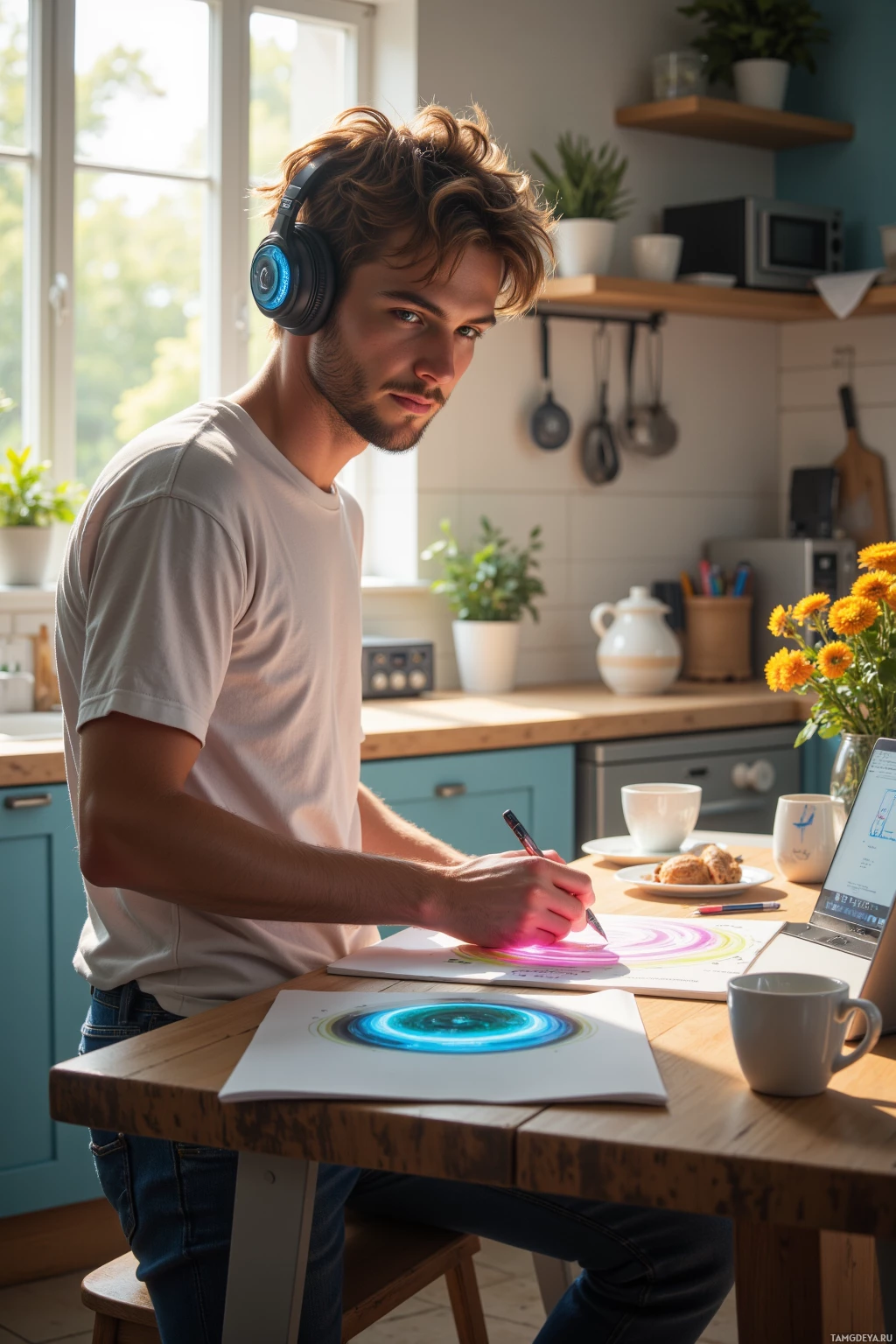 Realistic high quality photo. Morning kitchen scene with a young man, messy light‑brown hair, warm green eyes, genuine smile, wearing a white t‑shirt and comfortable jeans, sketching a sci‑fi storyboard on a kitchen table while headphones on, surrounded by coffee mugs glowing as portal gateways, a small laptop and portable speaker blasting funky music, bright morning light streaming through the window.