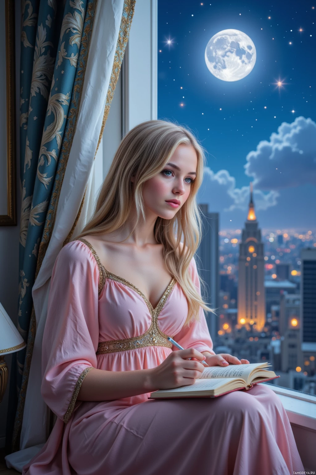 Realistic high quality photo. A 27‑year‑old woman with long light blonde hair and hazel eyes, wearing a flowing pastel gown with delicate layers, sits at a moonlit window of a quiet fantasy apartment, tracing feather‑shaped words onto a notebook as distant city lights hum and a glimmering star watches over her while she weaves hope into the night.