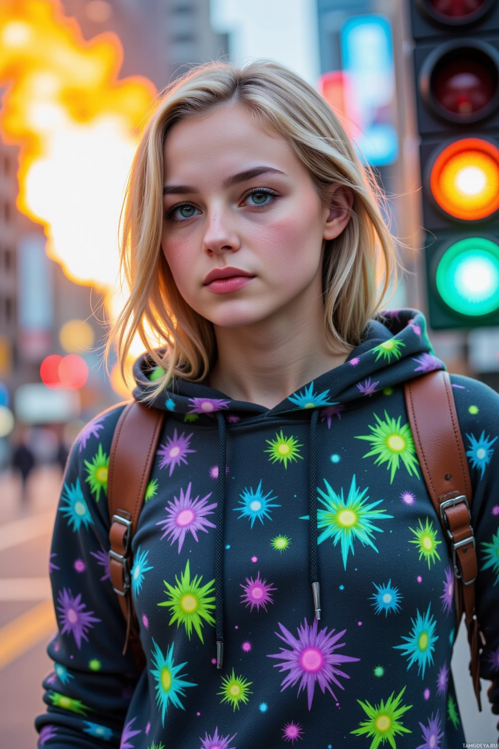 Realistic high quality photo. 19‑year‑old female with messy blonde bob and bright neon green eyes, wearing a vibrant pixelated hoodie with glitch patterns, dashes through a city grid of flickering holographic panels with her drone Pixel hovering beside her as she hacks a municipal traffic light to spark a temporary sky‑fire.
