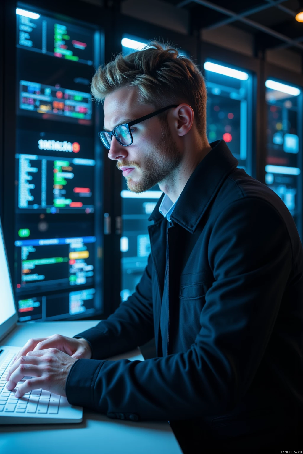 Realistic high quality photo. Male 32-year-old man with blond hair, sharp features and blue eyes, pale skin, wearing a sleek tailored jacket and glasses, standing in a dimly lit server room surrounded by flickering holographic readouts of static data streams, tightening code on a glowing terminal while exuding focused frustration.